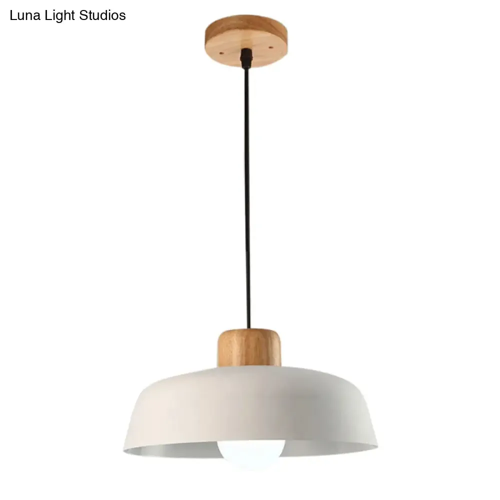 Bowl Shaped Hanging Fixture Nordic Style Black/White Metal and Wood Pendant Lighting with Adjustable Cord