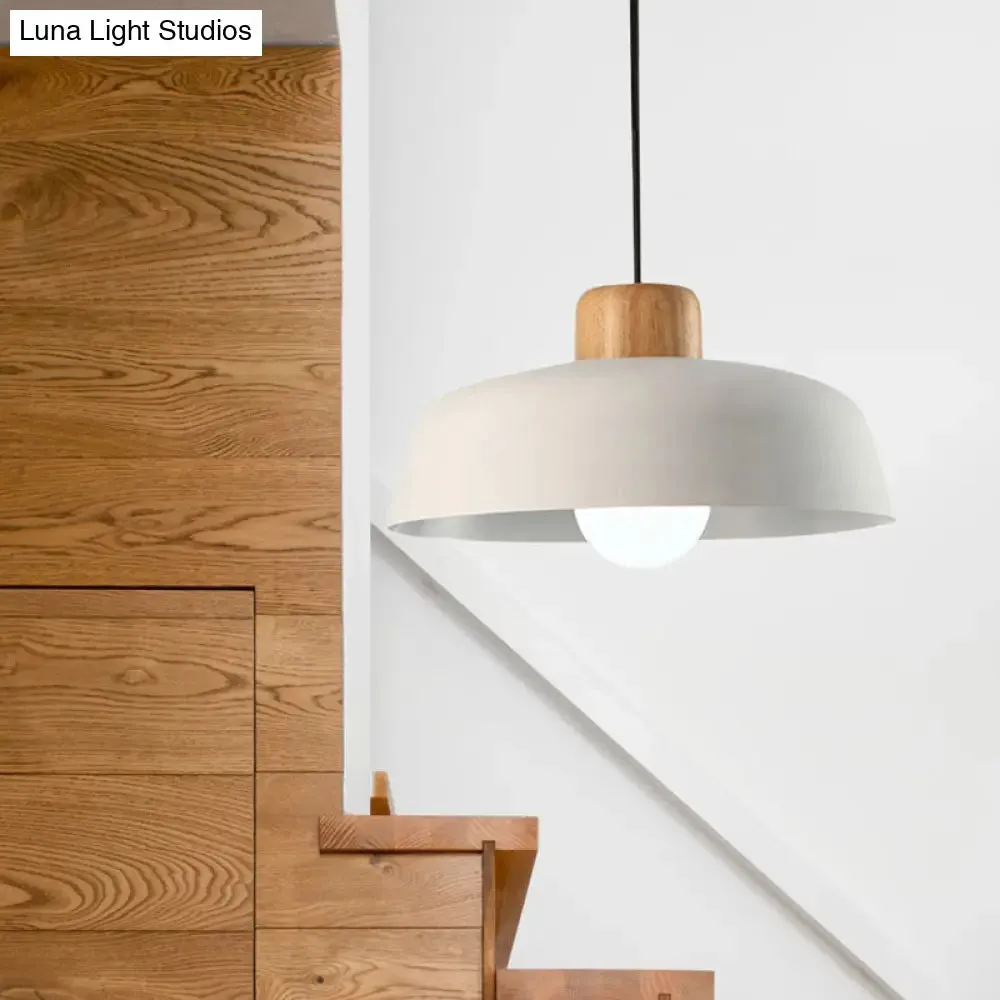 Bowl Shaped Hanging Fixture Nordic Style Black/White Metal and Wood Pendant Lighting with Adjustable Cord