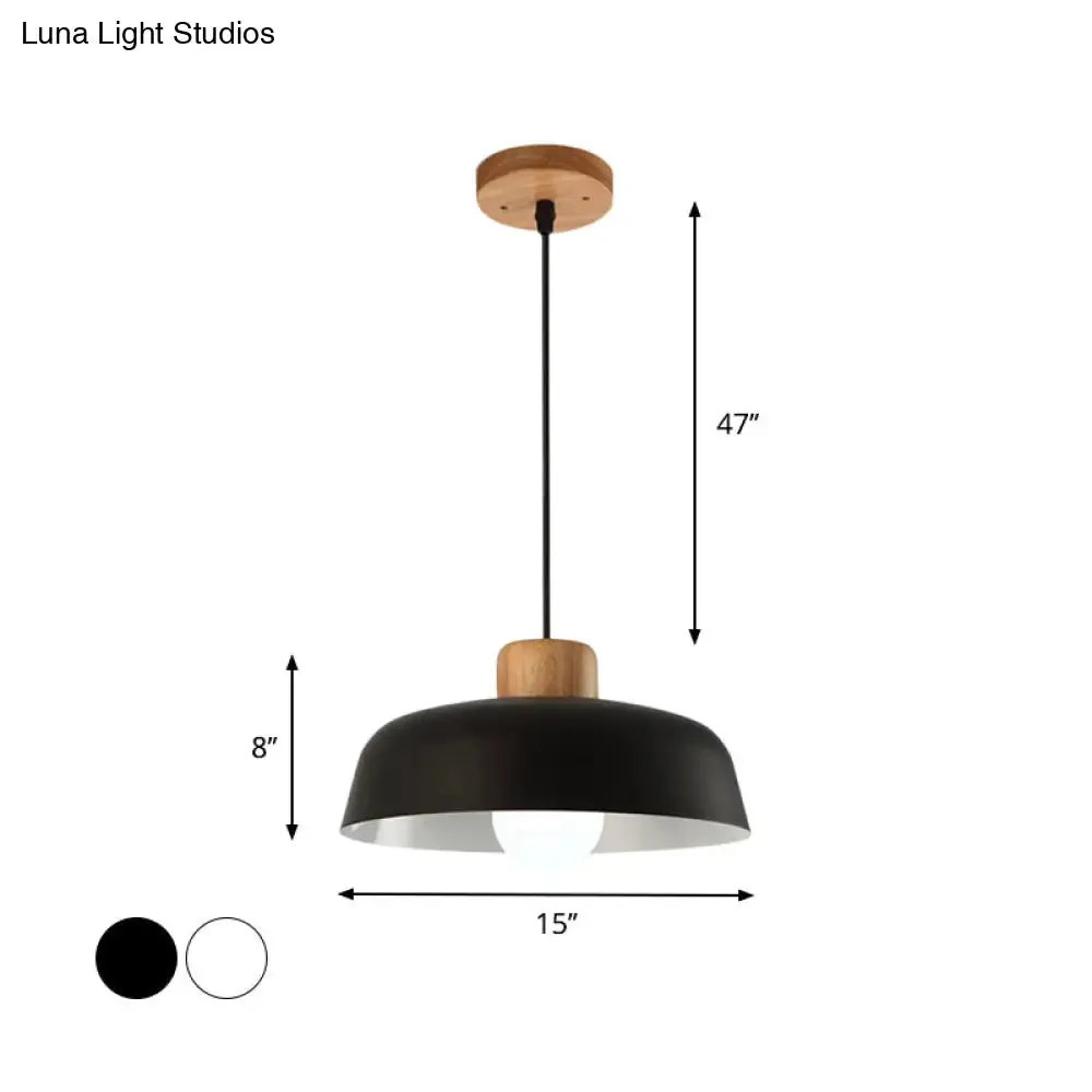 Bowl Shaped Hanging Fixture Nordic Style Black/White Metal and Wood Pendant Lighting with Adjustable Cord