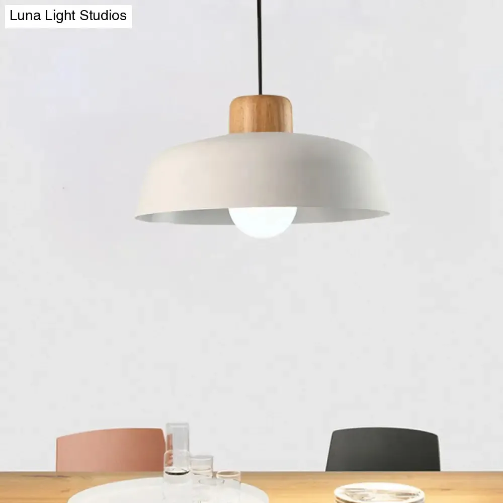 Bowl Shaped Hanging Fixture Nordic Style Black/White Metal and Wood Pendant Lighting with Adjustable Cord