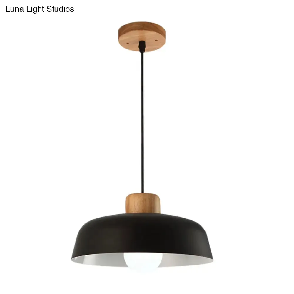 Bowl Shaped Hanging Fixture Nordic Style Black/White Metal and Wood Pendant Lighting with Adjustable Cord