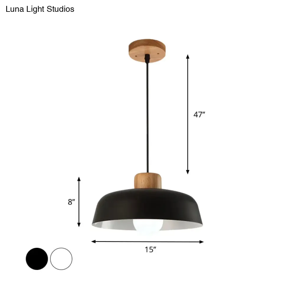 Bowl Shaped Hanging Fixture Nordic Style Black/White Metal and Wood Pendant Lighting with Adjustable Cord