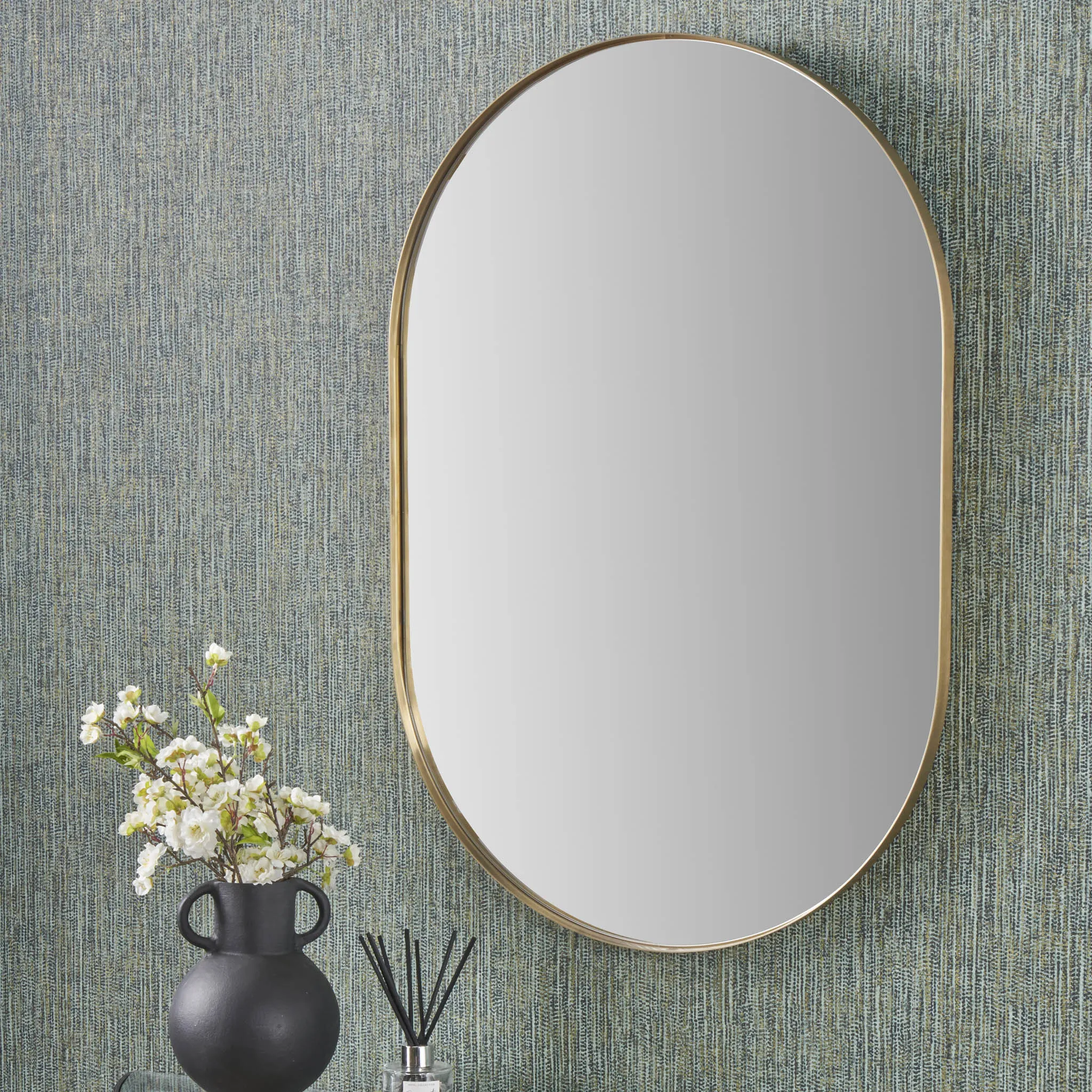 Brushed Gold Metal Slim Frame Oval Wall Mirror