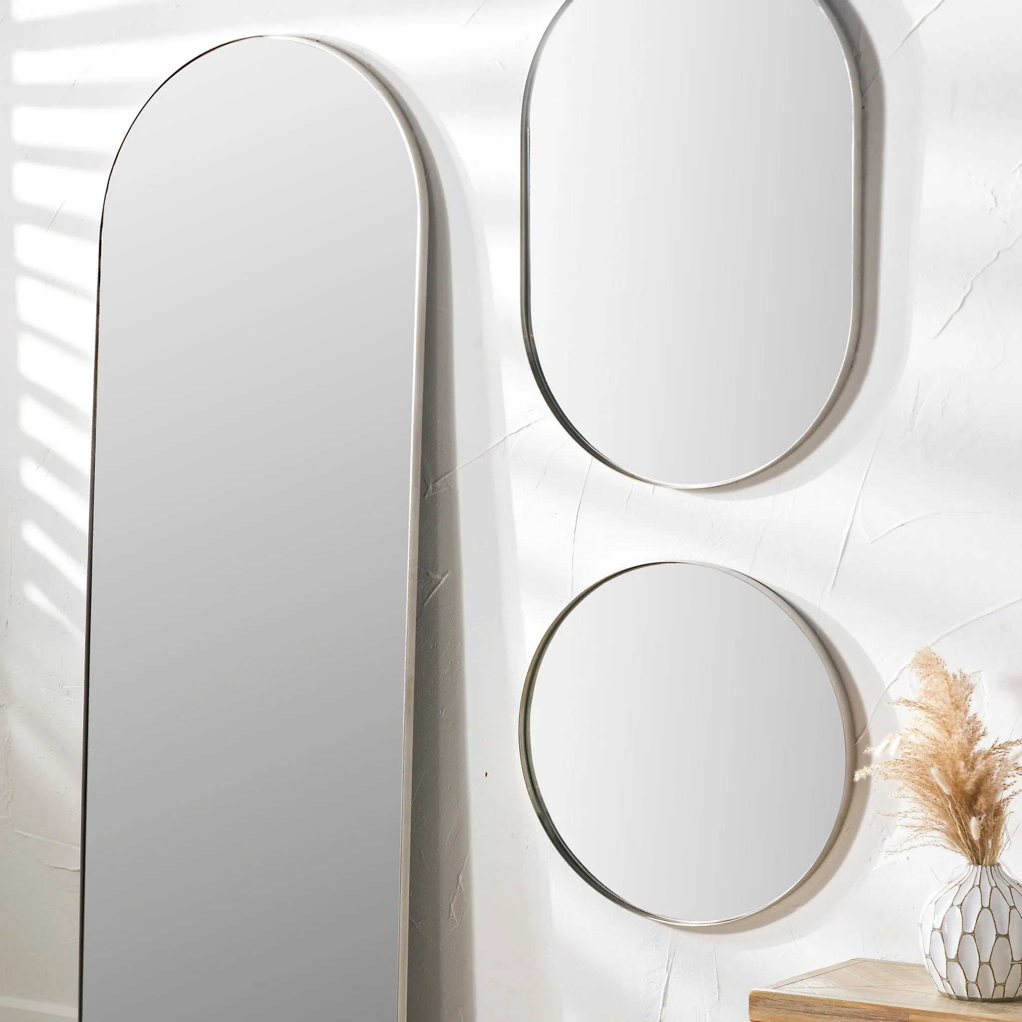 Brushed Silver Metal Slim Frame Arch Floor Mirror