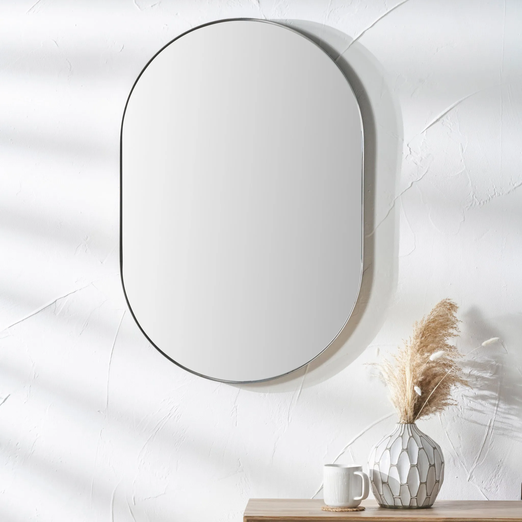 Brushed Silver Metal Slim Frame Oval Wall Mirror