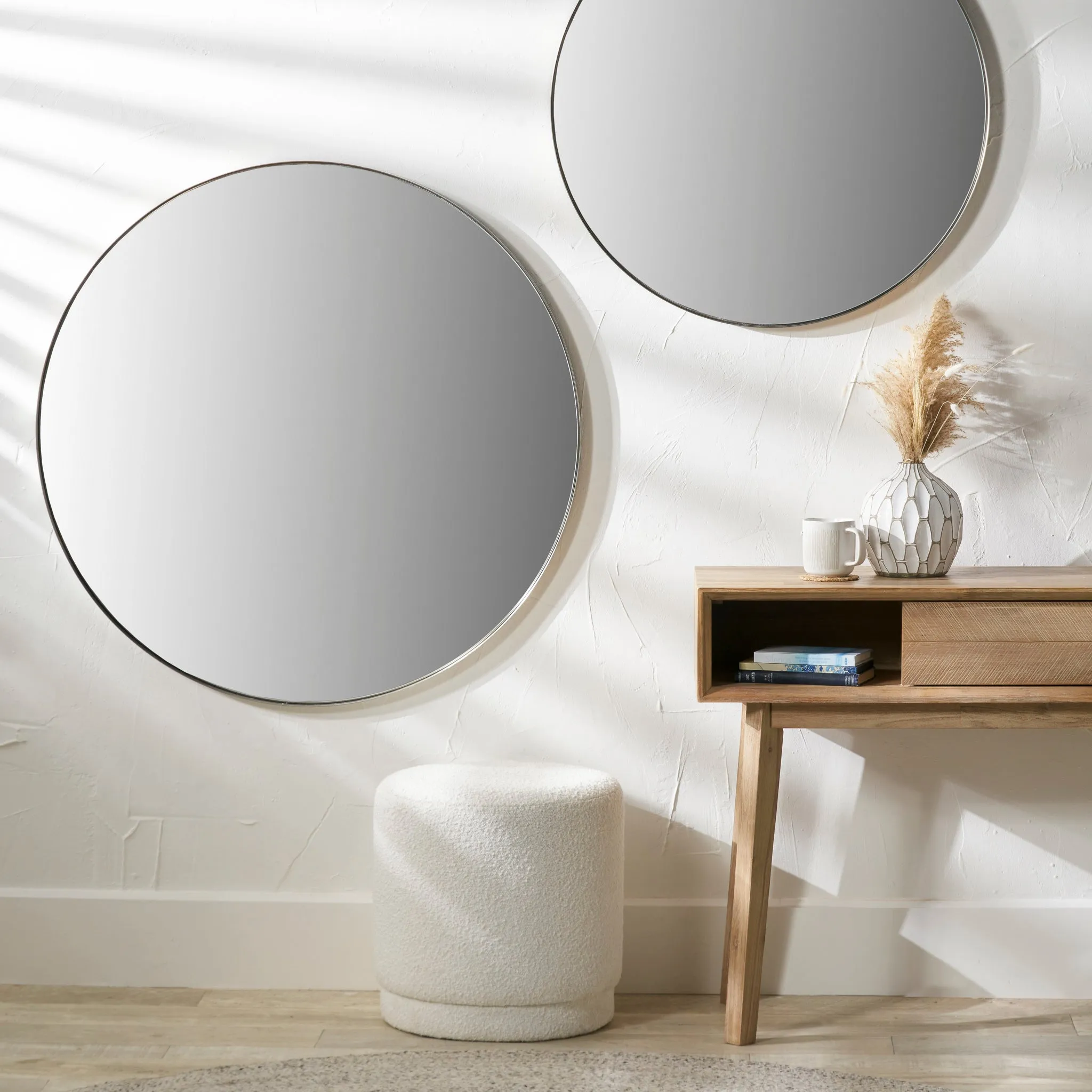 Brushed Silver Metal Slim Frame Round Wall Mirror Large