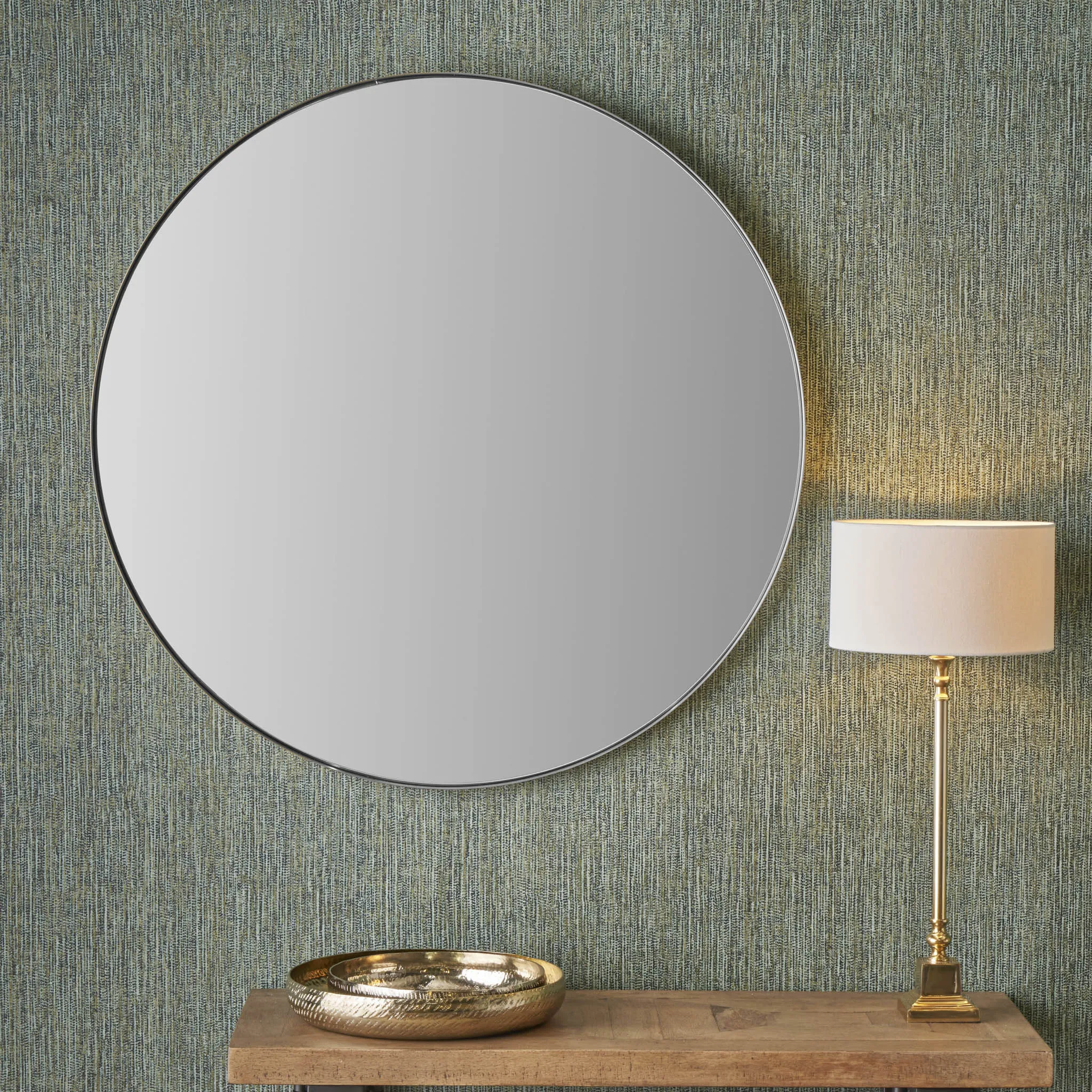 Brushed Silver Metal Slim Frame Round Wall Mirror Large