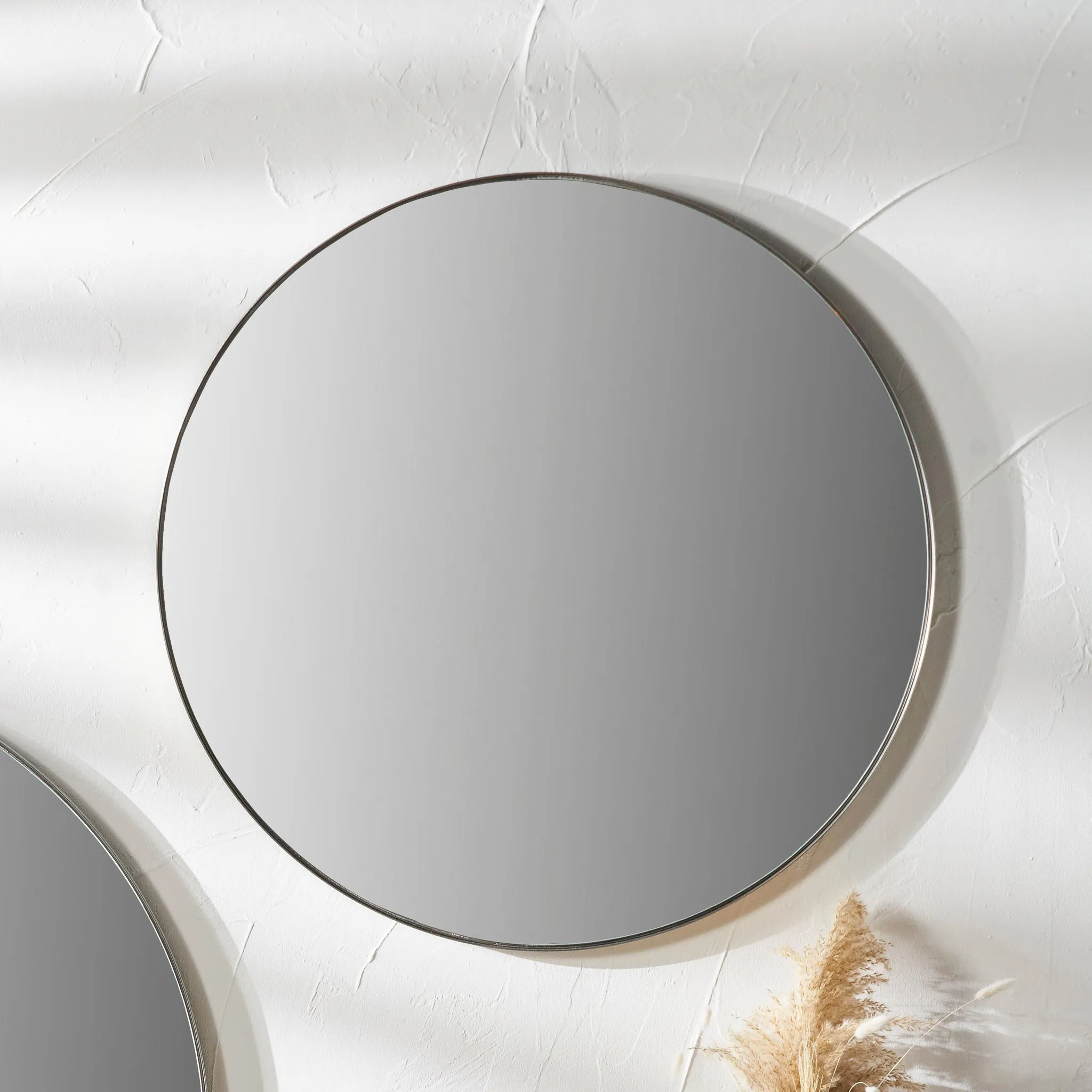 Brushed Silver Metal Slim Frame Round Wall Mirror Medium
