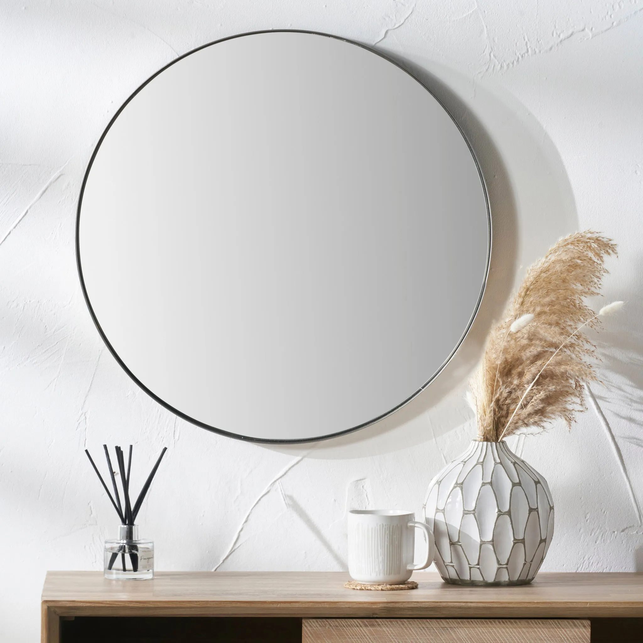 Brushed Silver Metal Slim Frame Round Wall Mirror Medium