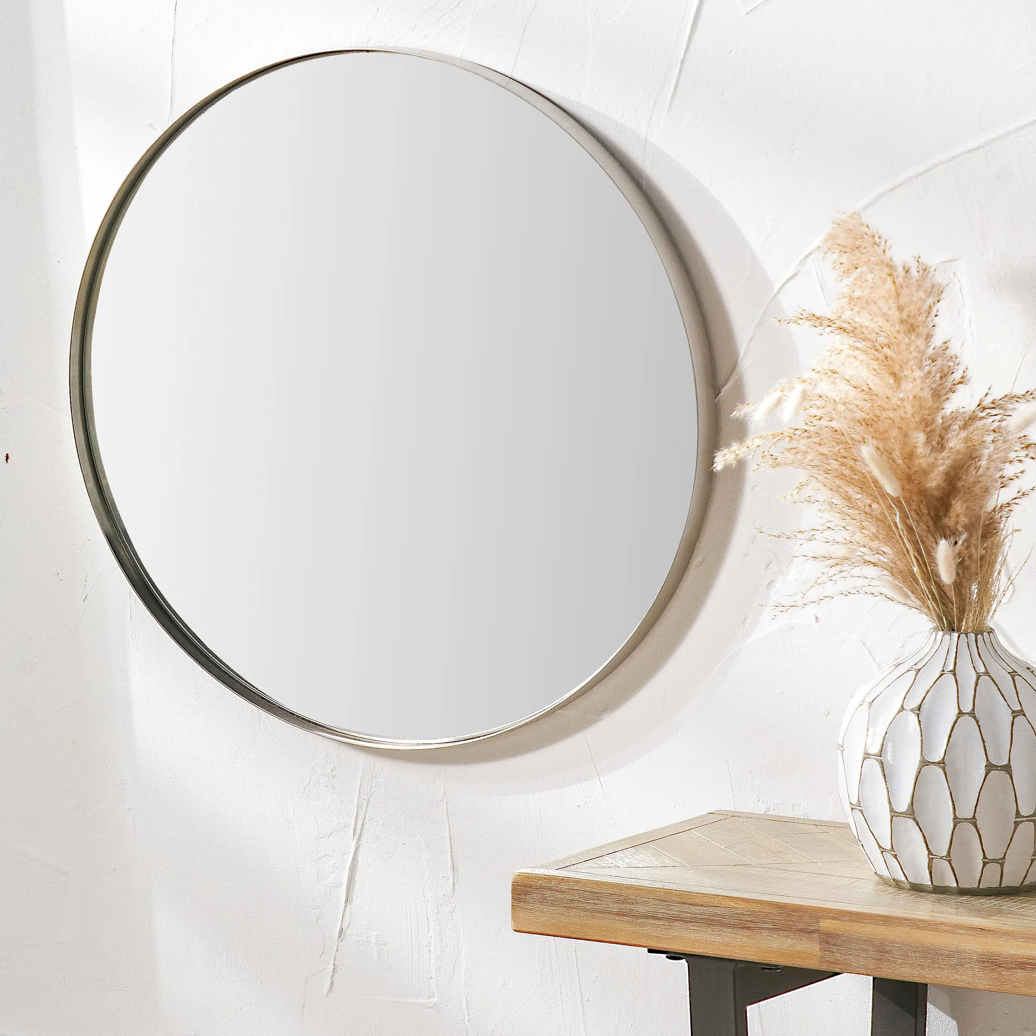 Brushed Silver Metal Slim Frame Round Wall Mirror Small