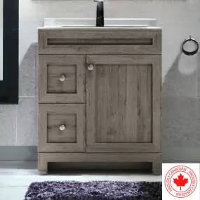 CABINETSMITH- 30" CANADIAN  Bathroom Vanity With Quartz top, Left hand drawers ( 8 COLORS AVAILABLE )