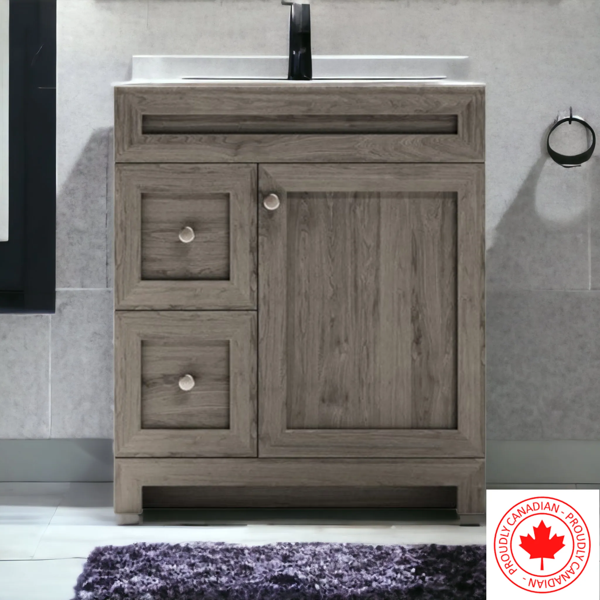 CABINETSMITH- 30" CANADIAN  Bathroom Vanity With Quartz top, Left hand drawers ( 8 COLORS AVAILABLE )