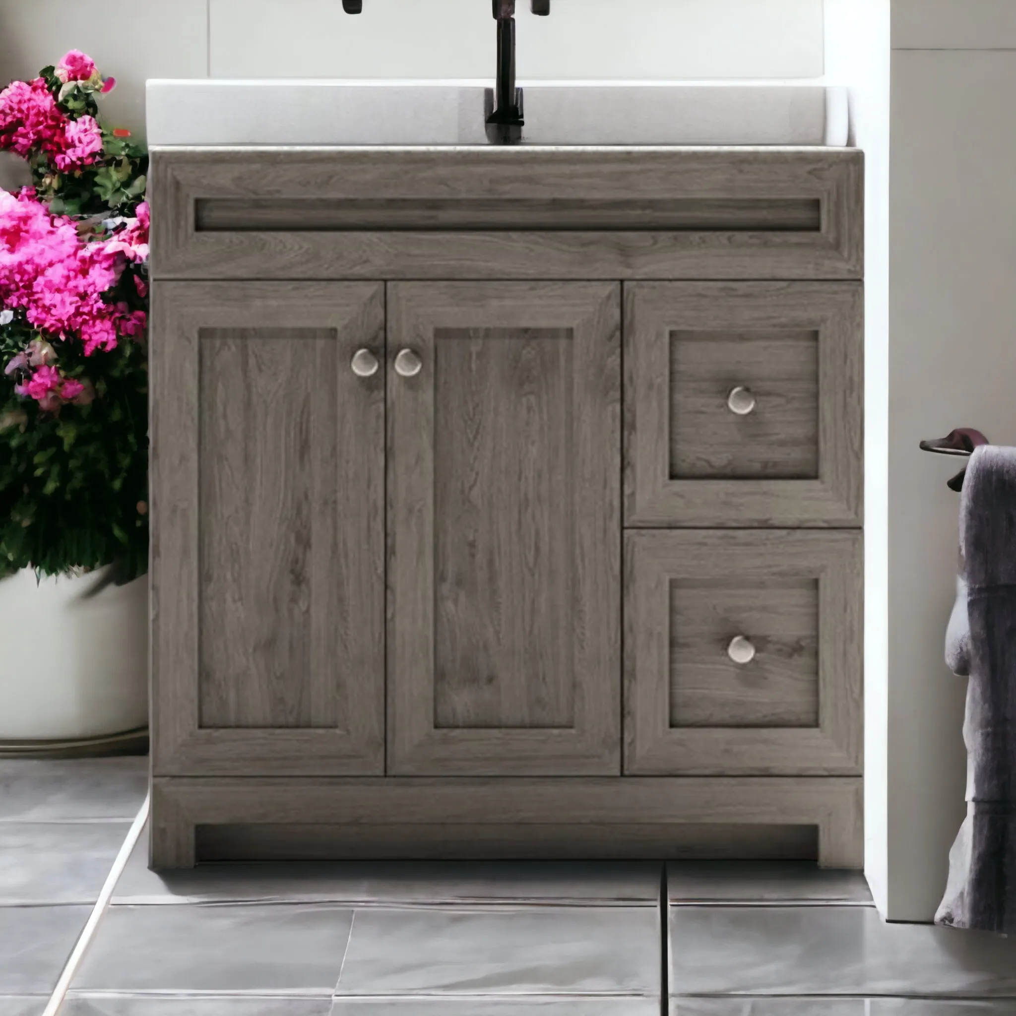 CABINETSMITH- 36" CANADIAN Bathroom Vanity With Quartz top, Right hand drawers (8 COLORS AVAILABLE )