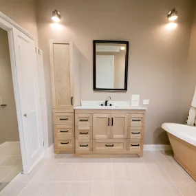 CANADIAN MAPLE 48", Natural Stain Bathroom Vanity With White Quartz Countertop.