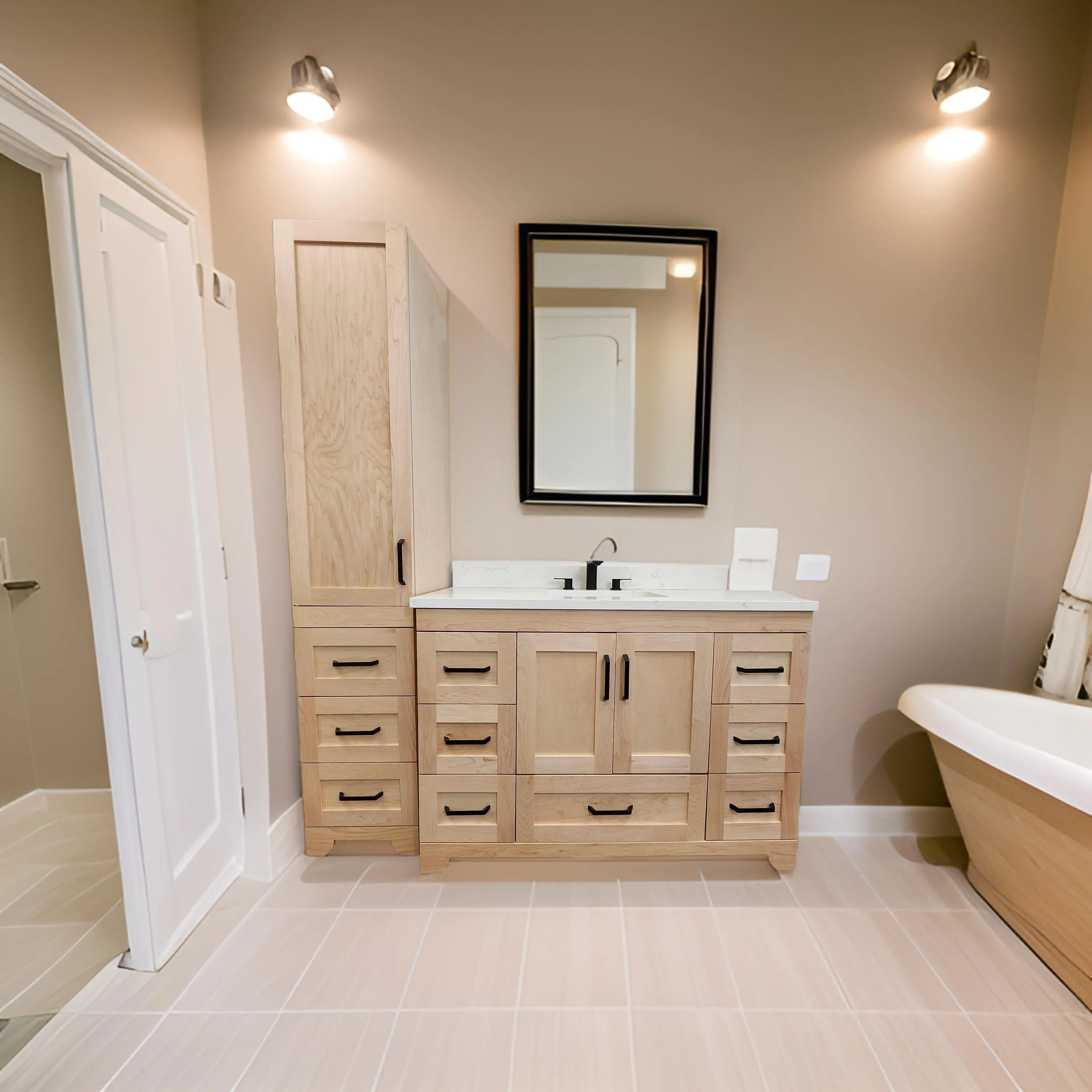 CANADIAN MAPLE 48", Natural Stain Bathroom Vanity With White Quartz Countertop.