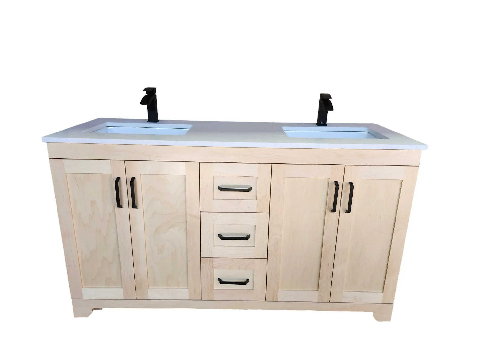 CANADIAN MAPLE - 60" Double Sink , Natural Stain Bathroom Vanity With Quartz Countertop.