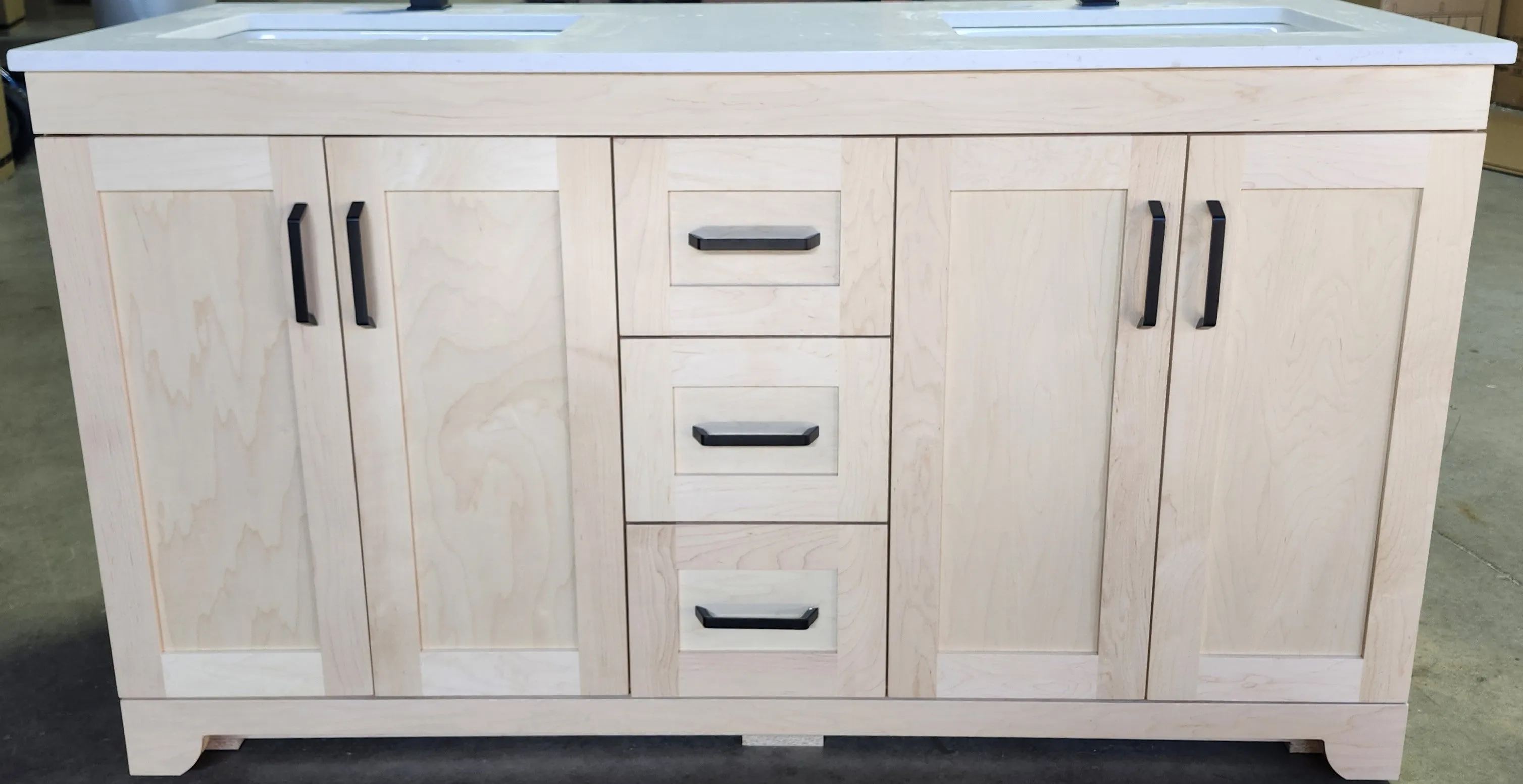 CANADIAN MAPLE - 60" Double Sink , Natural Stain Bathroom Vanity With Quartz Countertop.