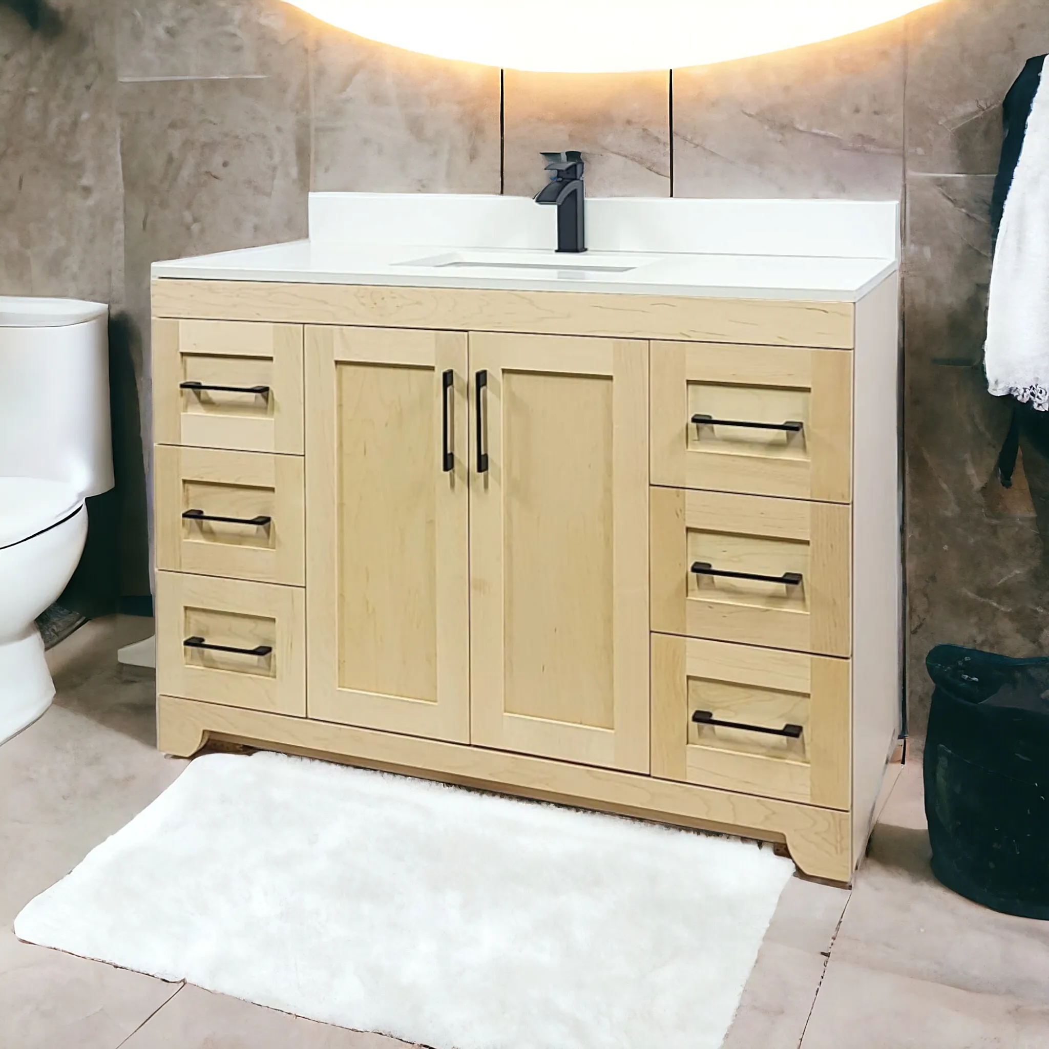 CANADIAN MAPLE 60" Single Sink, Natural Stain Bathroom Vanity With White Quartz Countertop.