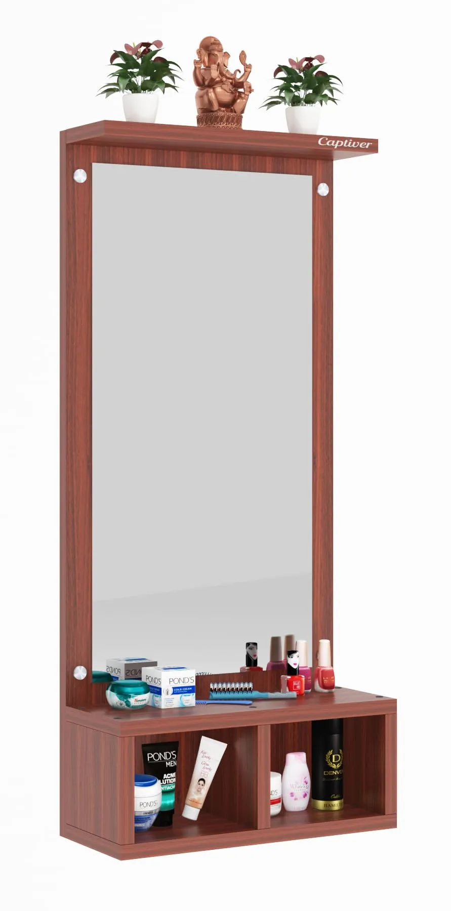 Captiver Engineered Wood Frameless Rectangular Wall Mounted Dressing Mirror Table 2 Storage Box Shelf (Finish, Teak) II Bathroom Cabinet Organiser Accessories Decorative Unframed