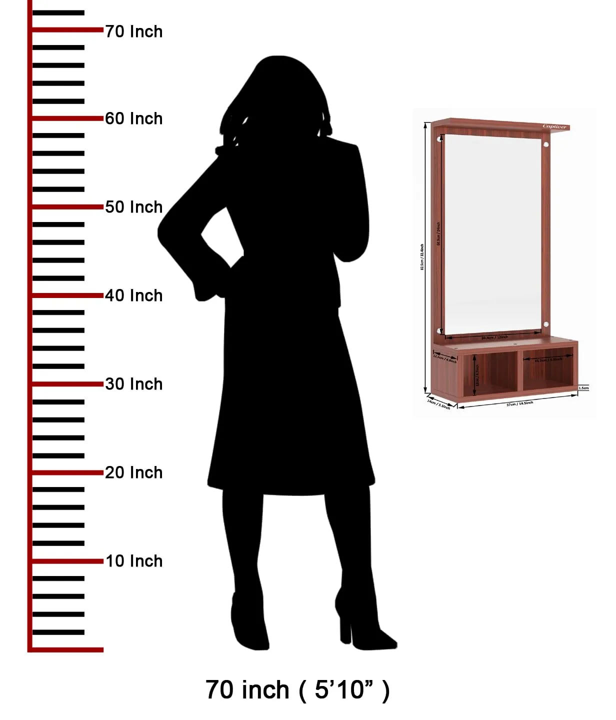 Captiver Engineered Wood Frameless Rectangular Wall Mounted Dressing Mirror Table 2 Storage Box Shelf (Finish, Teak) II Bathroom Cabinet Organiser Accessories Decorative Unframed