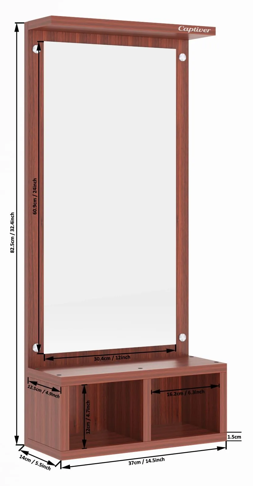 Captiver Engineered Wood Frameless Rectangular Wall Mounted Dressing Mirror Table 2 Storage Box Shelf (Finish, Teak) II Bathroom Cabinet Organiser Accessories Decorative Unframed