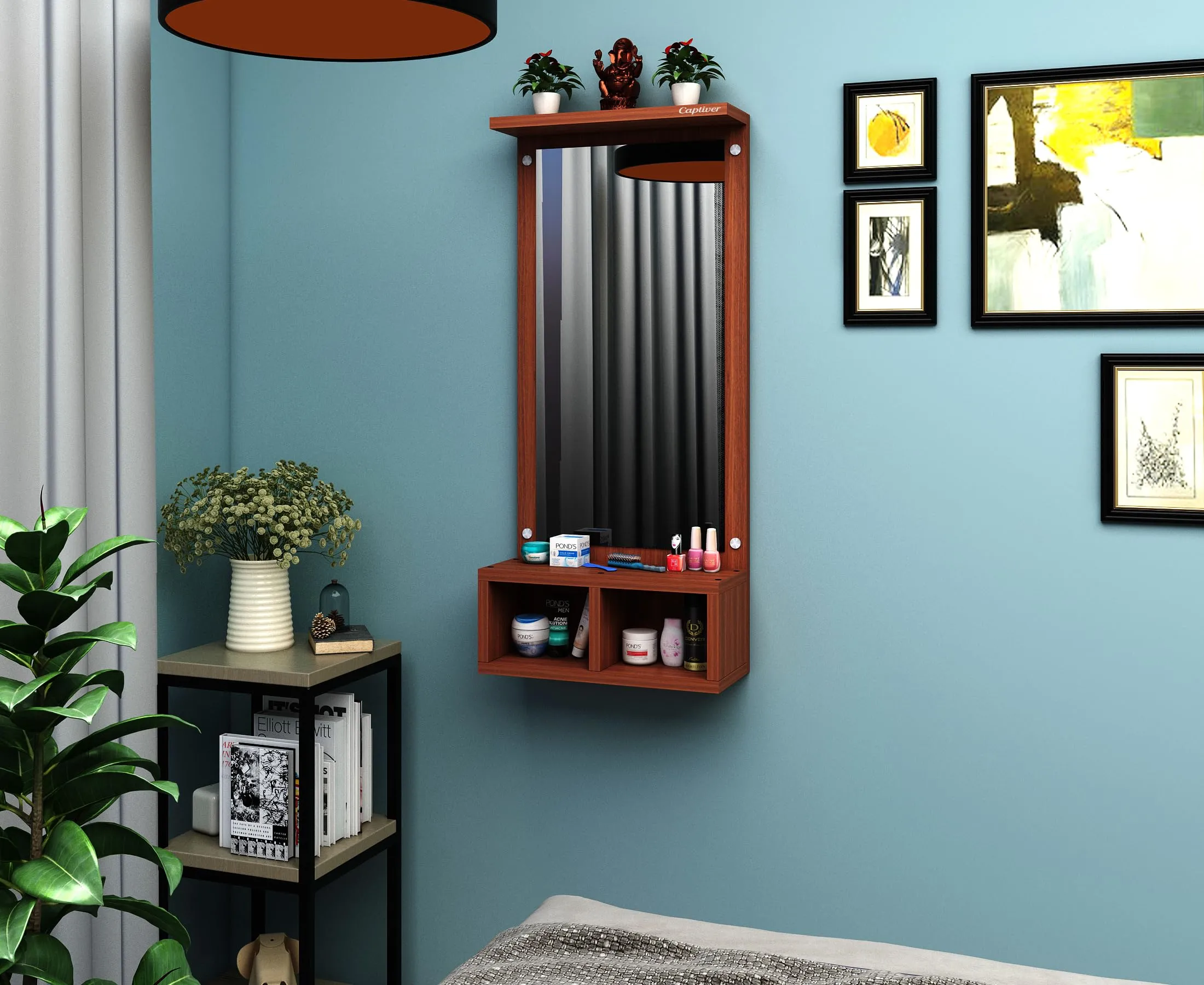 Captiver Engineered Wood Frameless Rectangular Wall Mounted Dressing Mirror Table 2 Storage Box Shelf (Finish, Teak) II Bathroom Cabinet Organiser Accessories Decorative Unframed