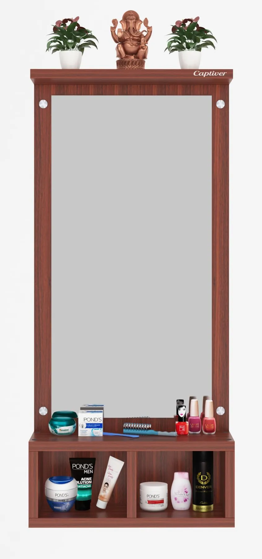 Captiver Engineered Wood Frameless Rectangular Wall Mounted Dressing Mirror Table 2 Storage Box Shelf (Finish, Teak) II Bathroom Cabinet Organiser Accessories Decorative Unframed