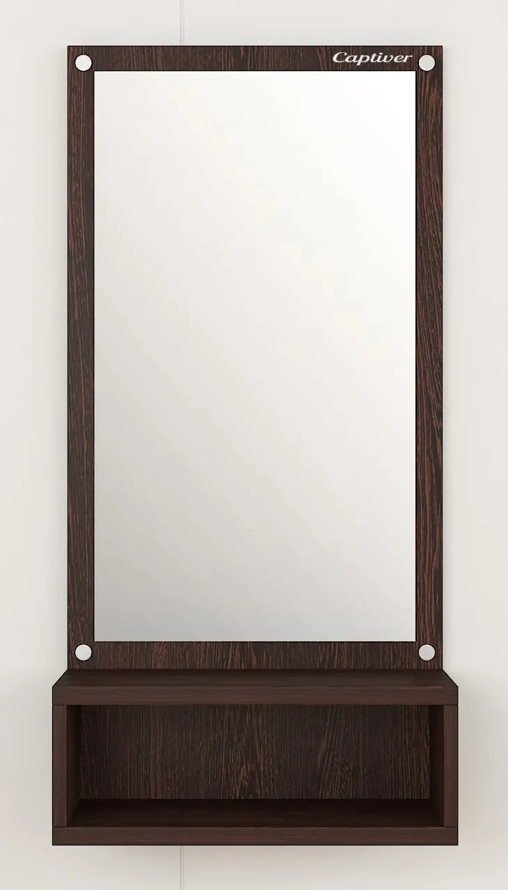 Captiver Engineered Wood Frameless Wall Mounted Mirror with 1 Storage Box (Matte Finish Wenge) Bathroom Bedroom Living Room Stand