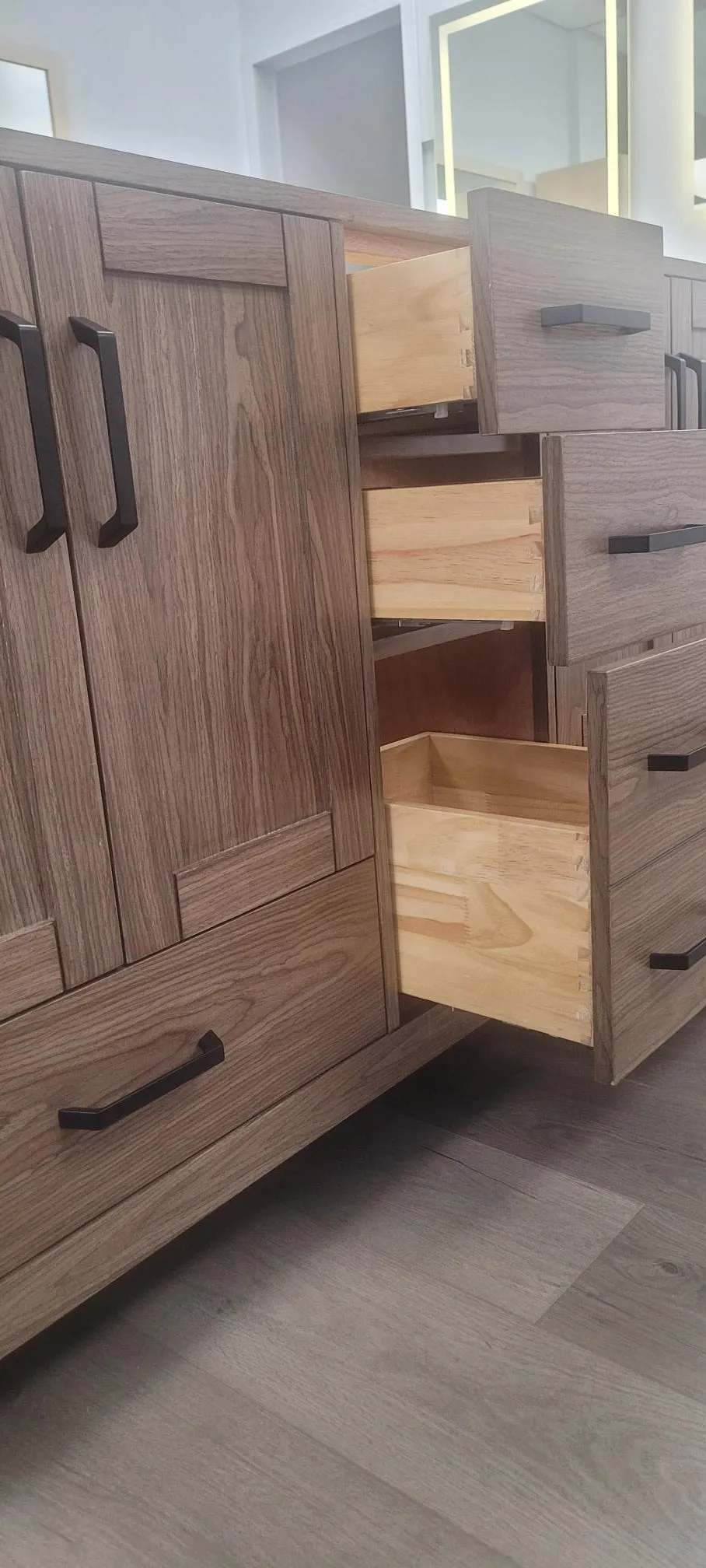 CCS201 - 36" Brown Oak , Floor Standing Modern Bathroom Vanity,  White Quartz Countertop, Matt Black Hardware