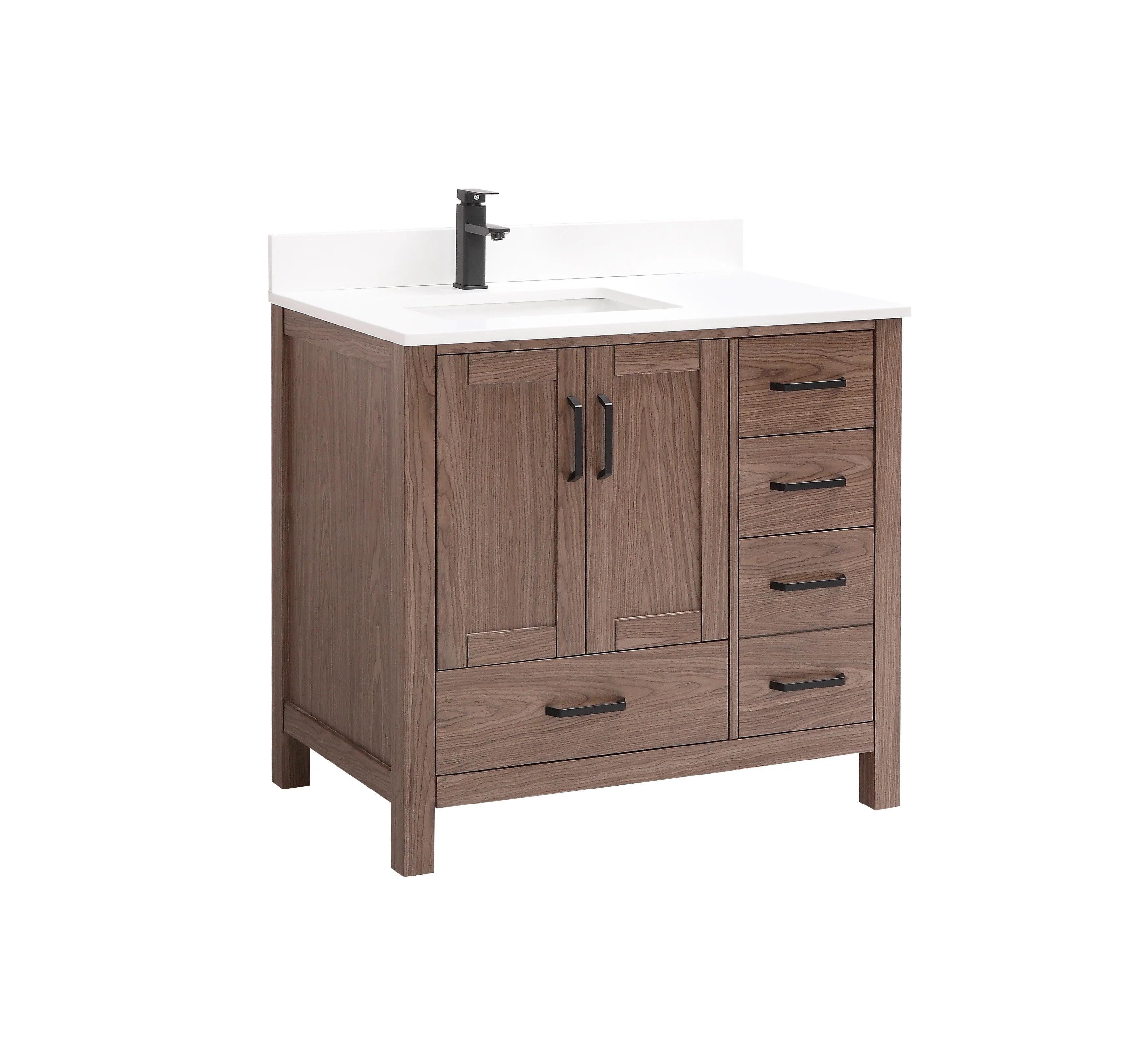 CCS201 - 36" Brown Oak , Floor Standing Modern Bathroom Vanity,  White Quartz Countertop, Matt Black Hardware