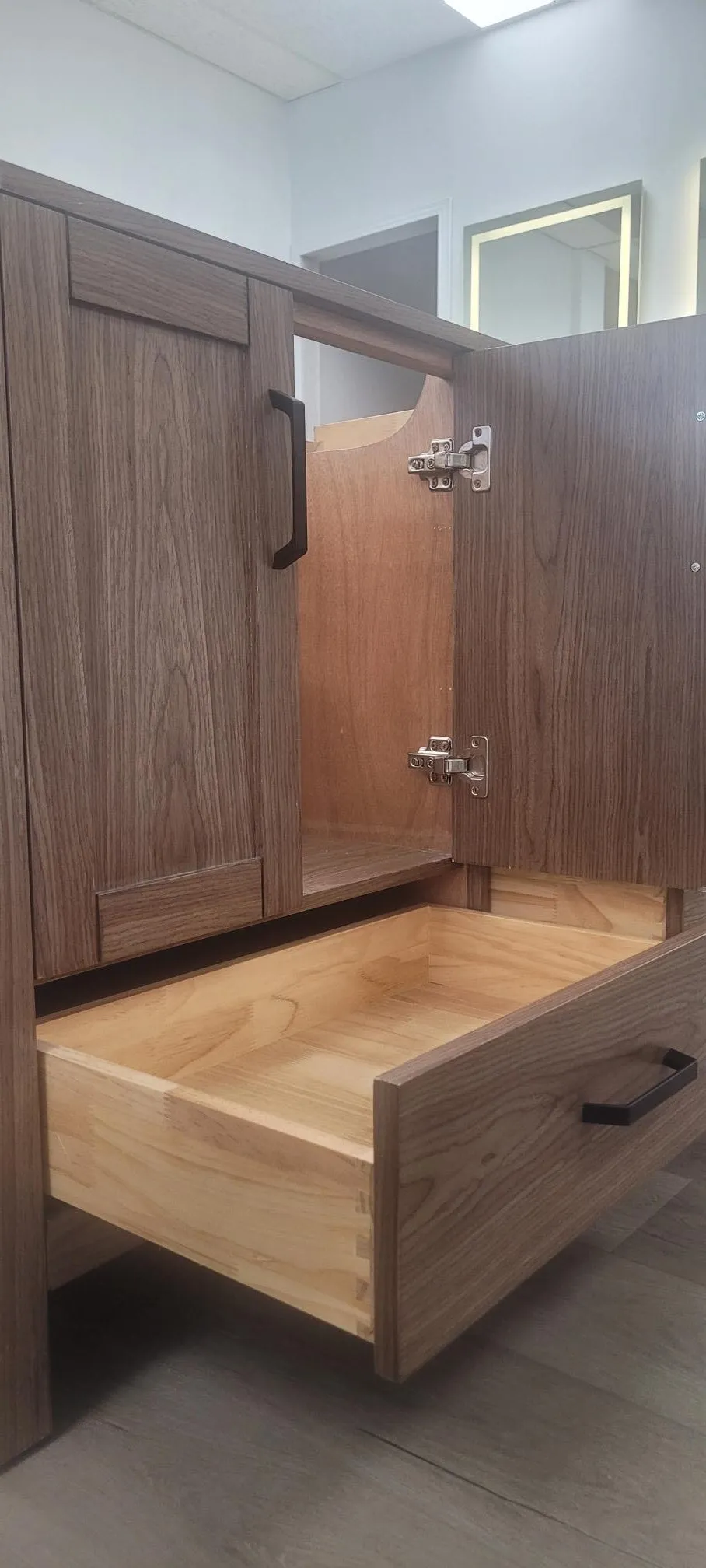 CCS201 - 36" Brown Oak , Floor Standing Modern Bathroom Vanity,  White Quartz Countertop, Matt Black Hardware