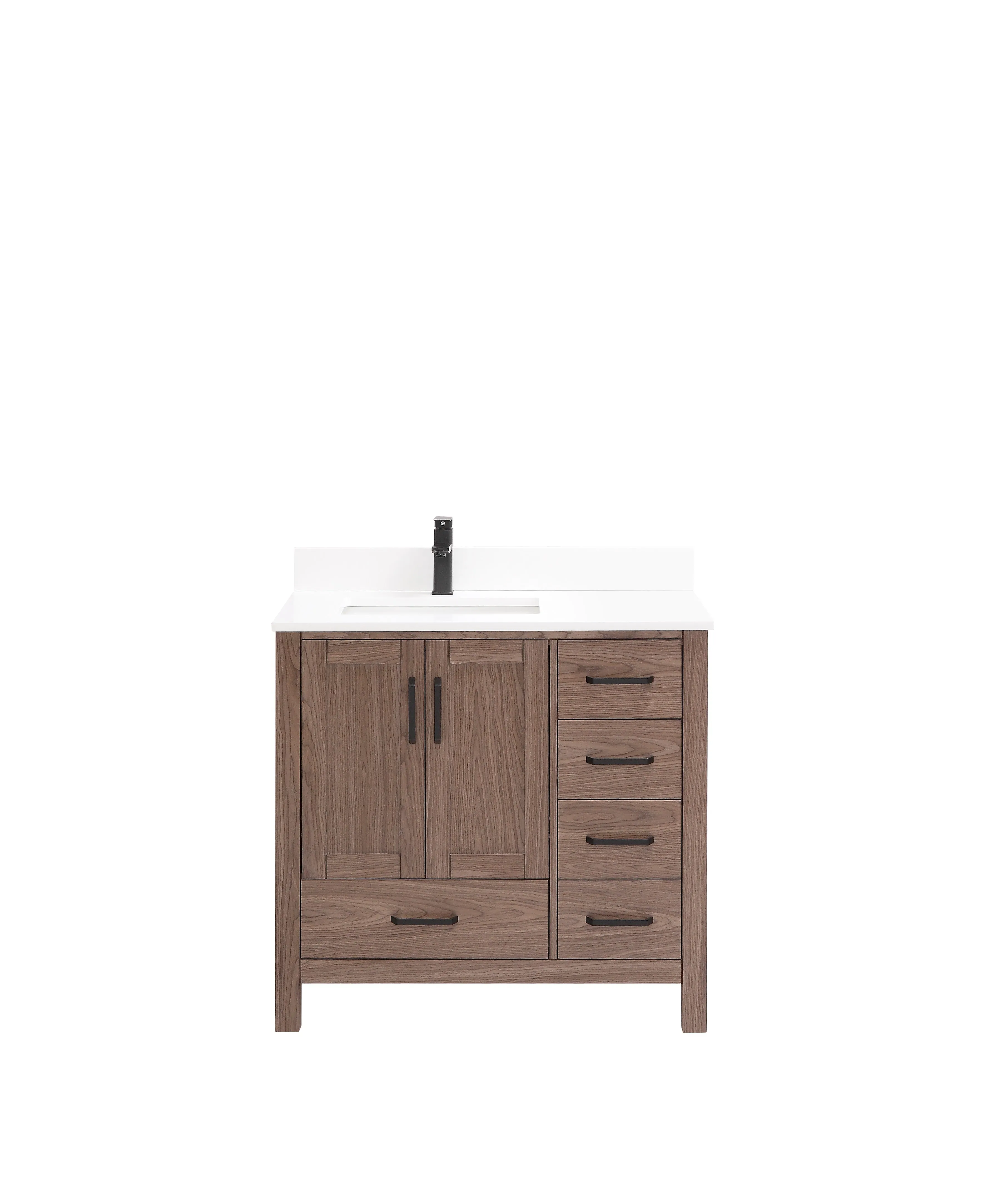 CCS201 - 36" Brown Oak , Floor Standing Modern Bathroom Vanity,  White Quartz Countertop, Matt Black Hardware