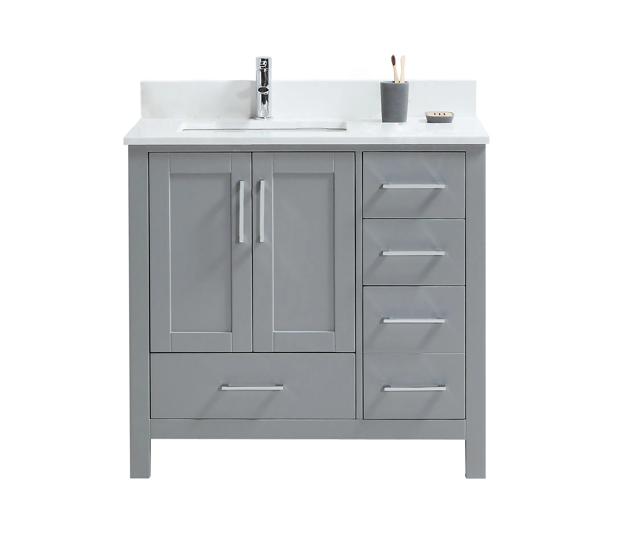 CCS201 - 36" Grey, Floor Standing Modern Bathroom Vanity, White Quartz Countertop