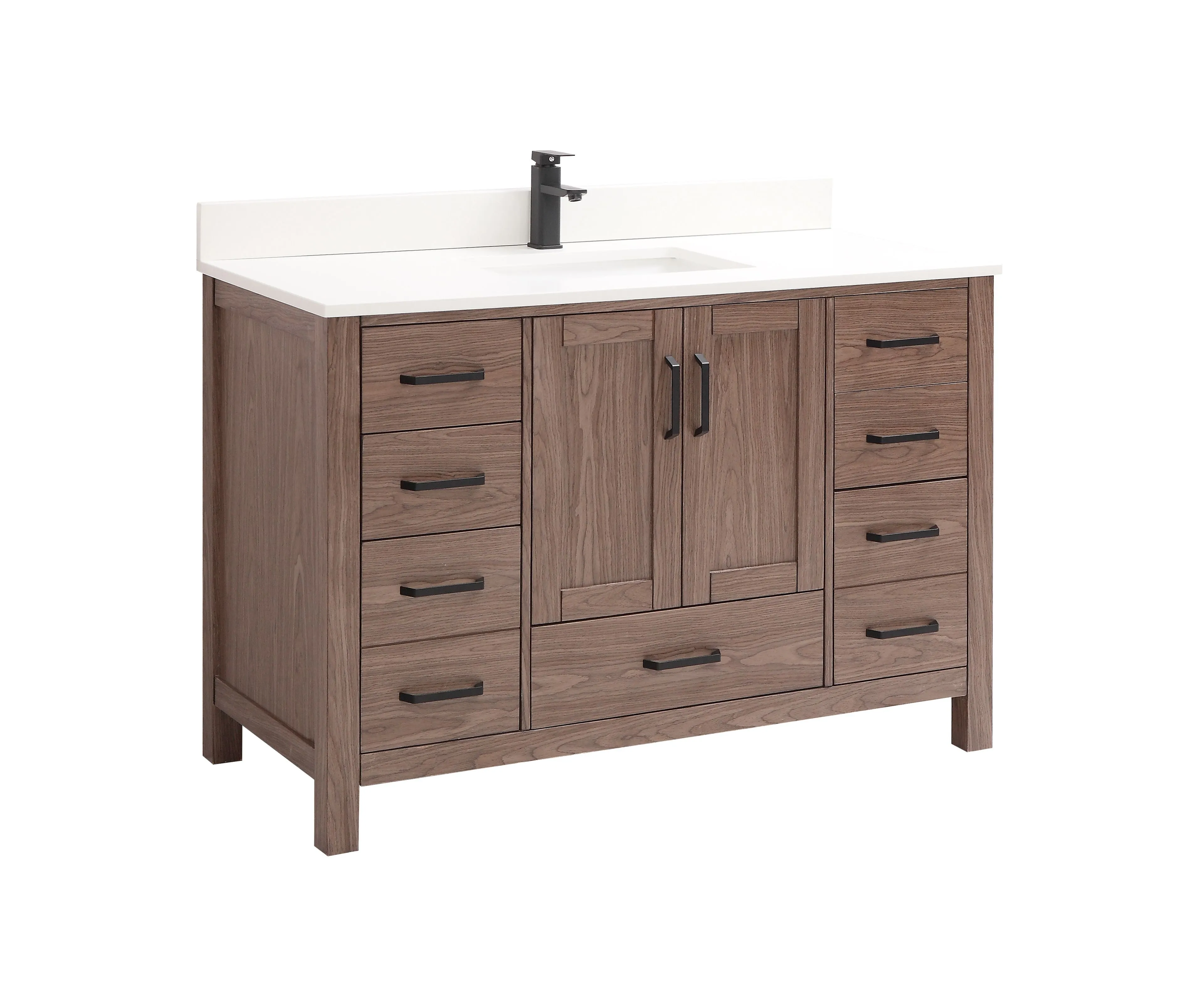 CCS201 - 48" Brown Oak, Floor Standing Modern Bathroom Vanity, White Quartz Countertop, Matt Black Hardware
