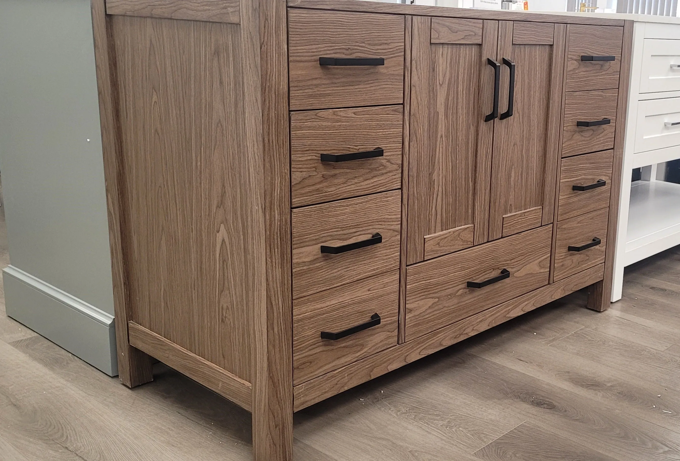 CCS201 - 48" Brown Oak, Floor Standing Modern Bathroom Vanity, White Quartz Countertop, Matt Black Hardware