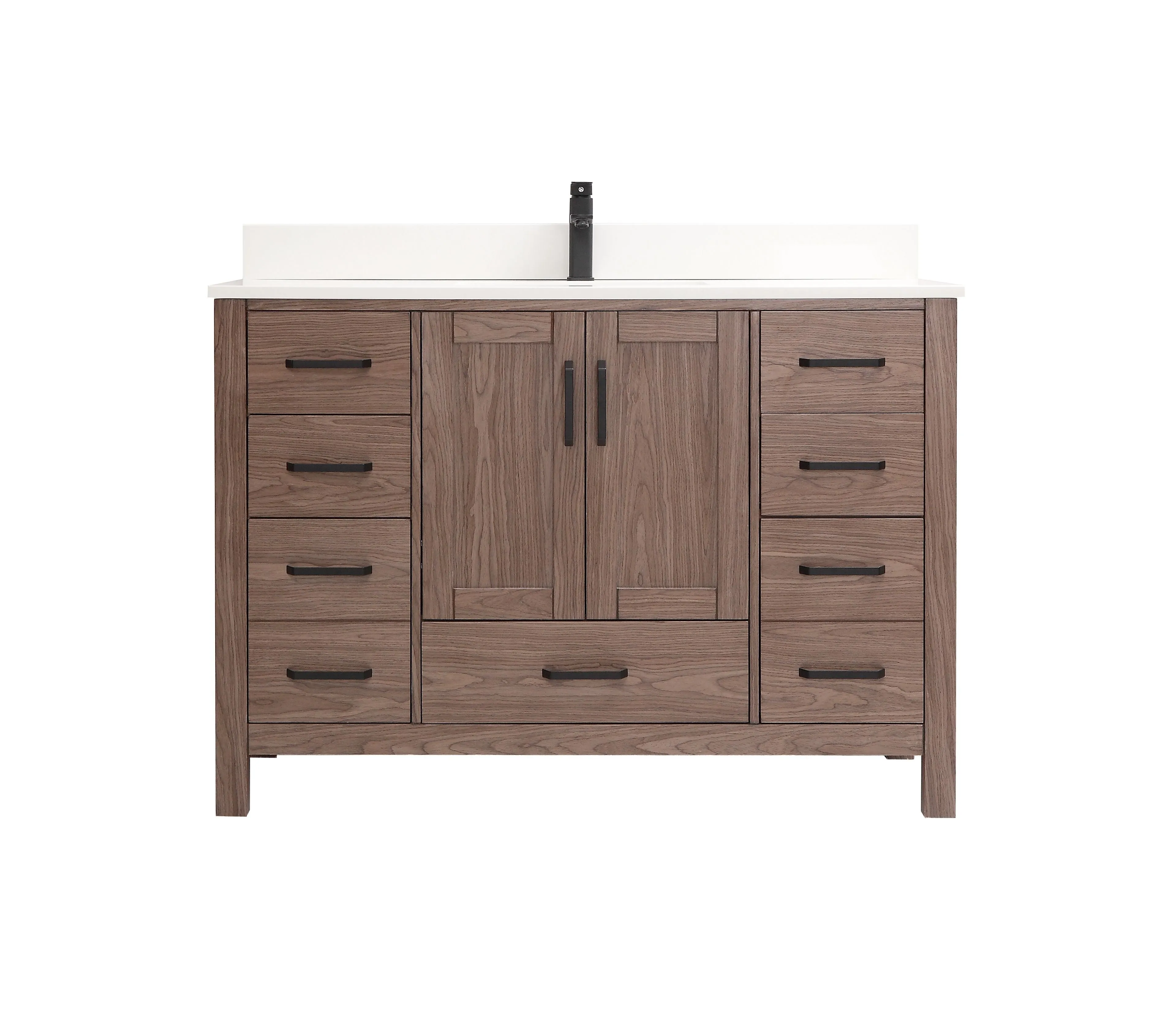 CCS201 - 48" Brown Oak, Floor Standing Modern Bathroom Vanity, White Quartz Countertop, Matt Black Hardware