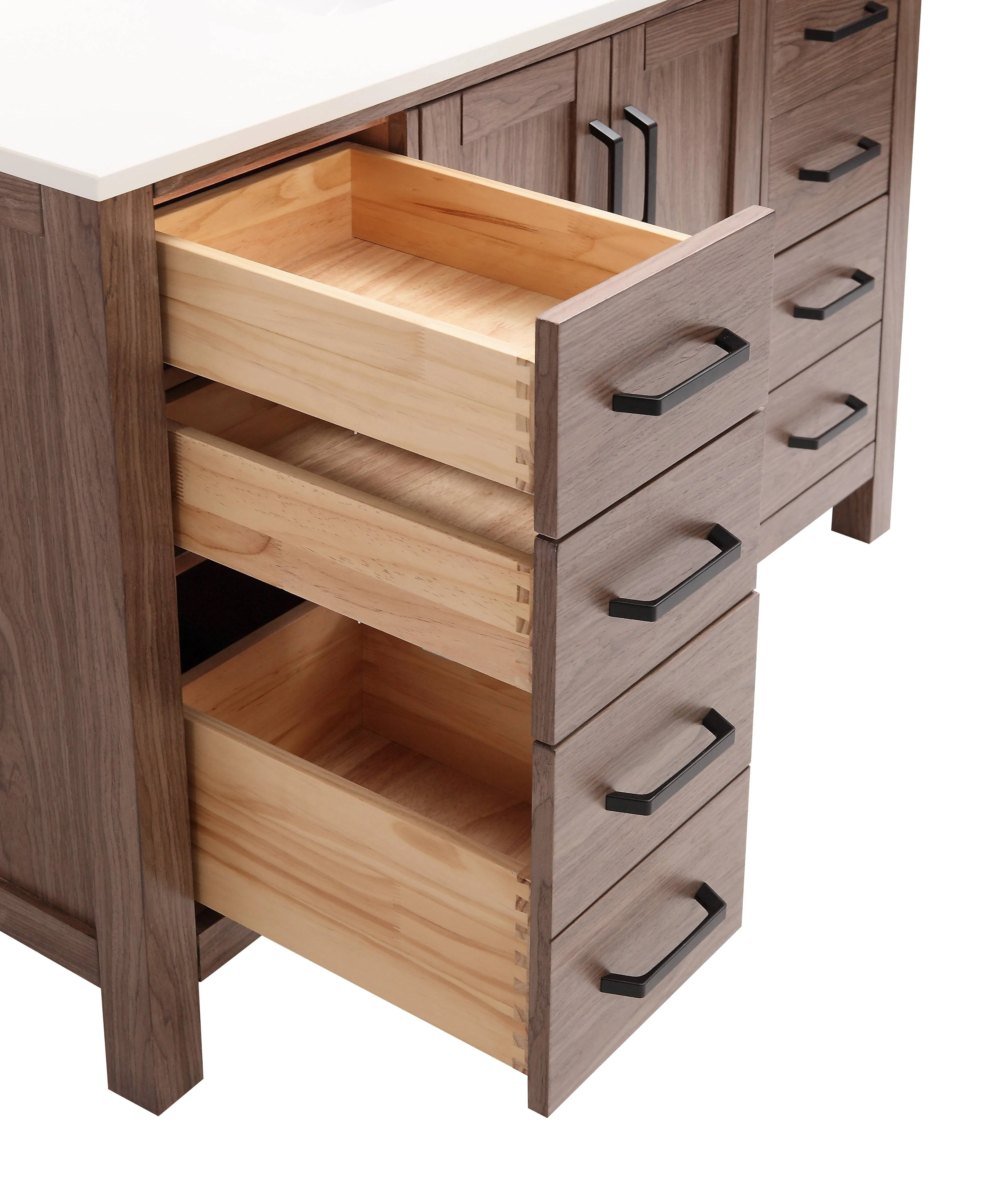 CCS201 - 48" Brown Oak, Floor Standing Modern Bathroom Vanity, White Quartz Countertop, Matt Black Hardware