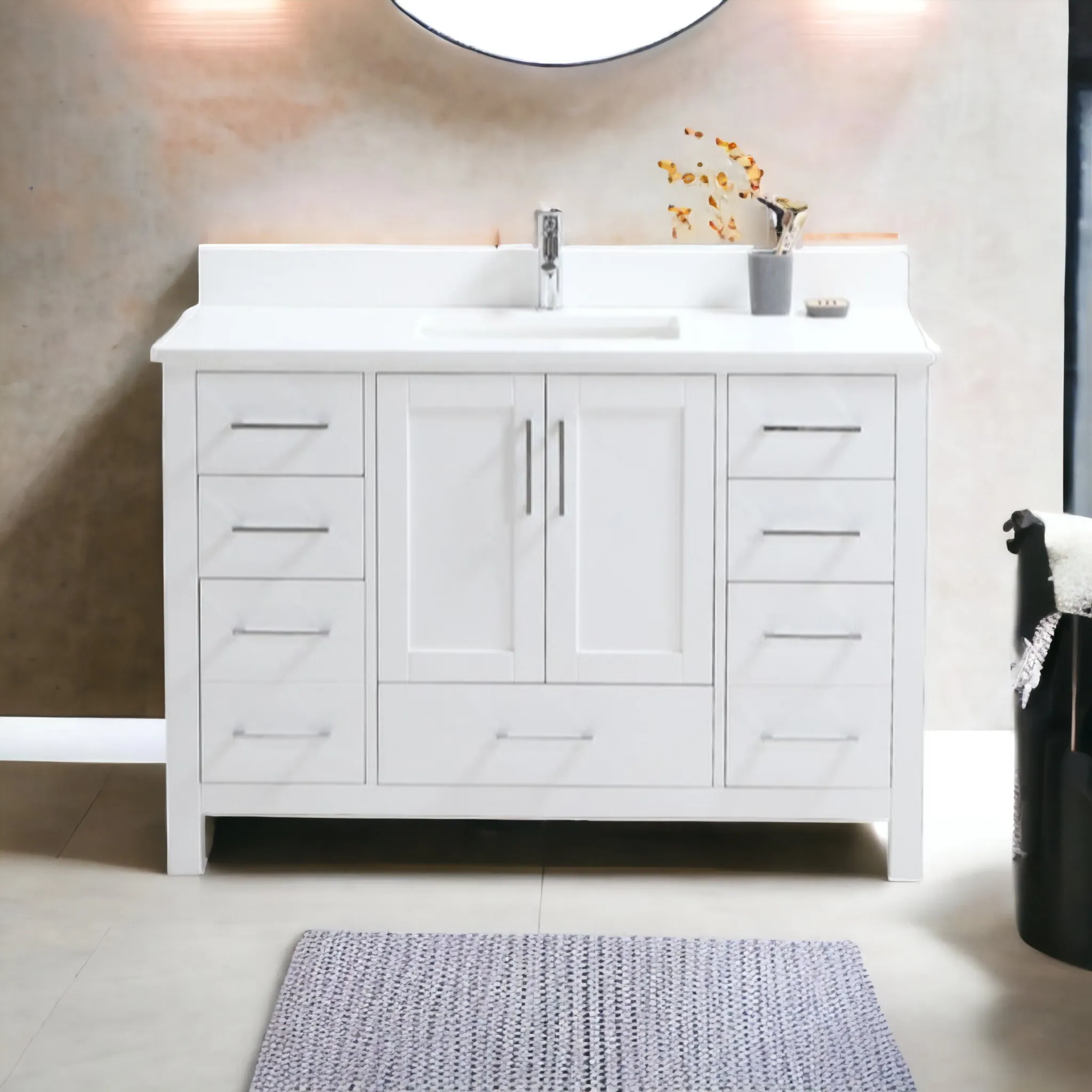 CCS201 - 48" White, Floor Standing Bathroom Vanity , White Quartz Countertop
