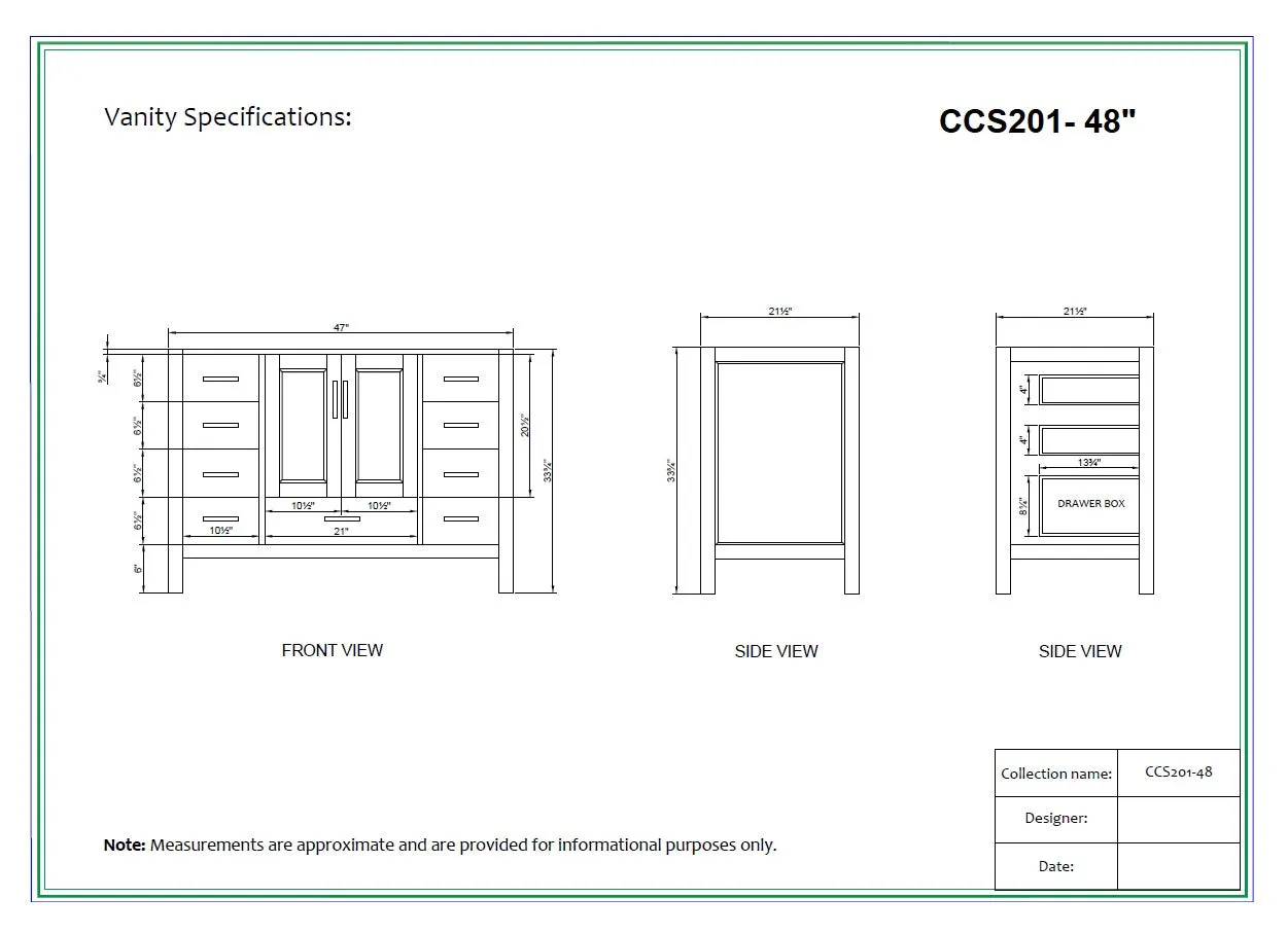 CCS201 - 48" White, Floor Standing Bathroom Vanity , White Quartz Countertop