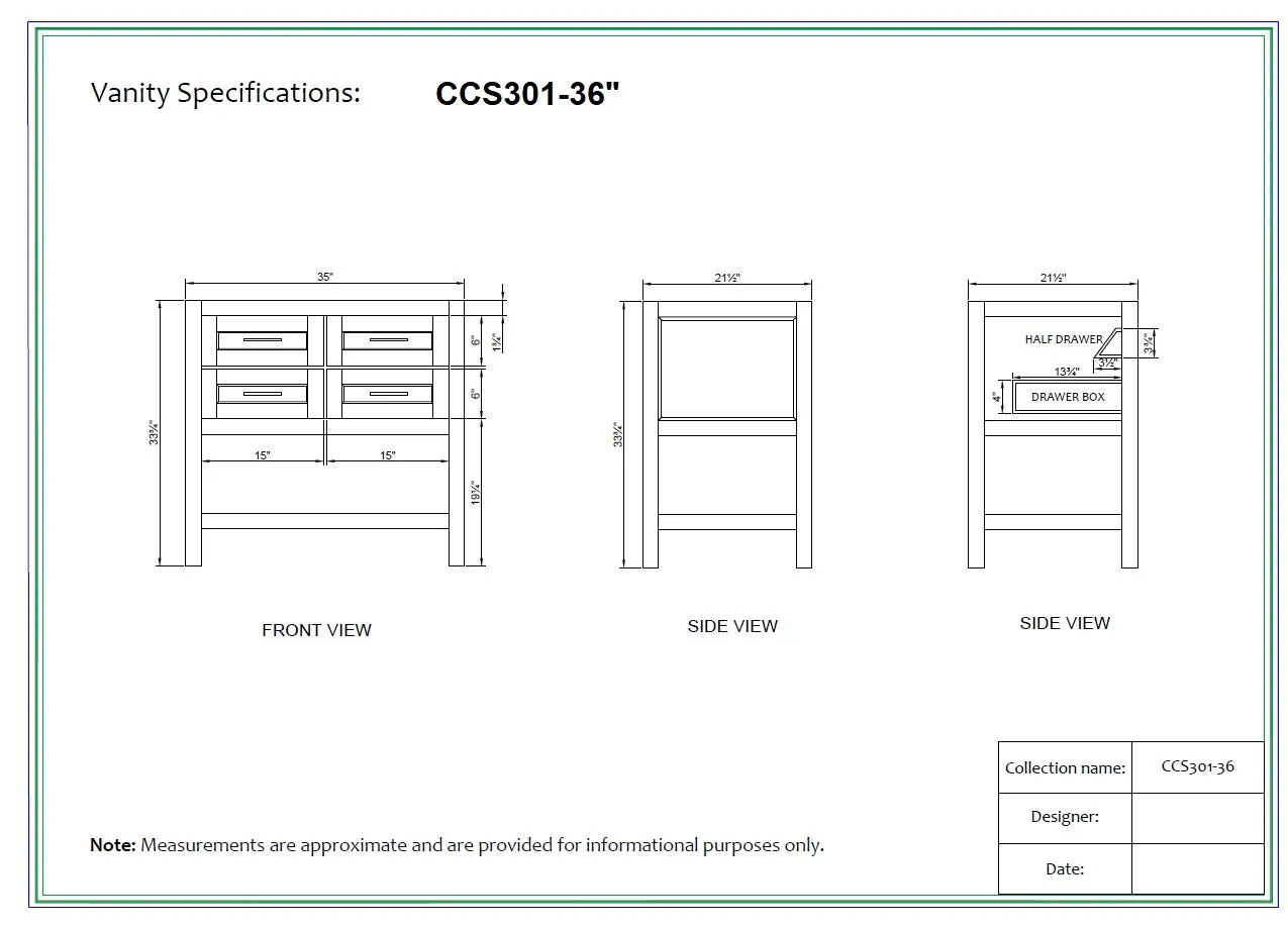 CCS301 - 36" White, Floor Standing Bathroom Vanity, White Quartz Countertop, Brushed Nickel Hardware **PICK UP ONLY ***