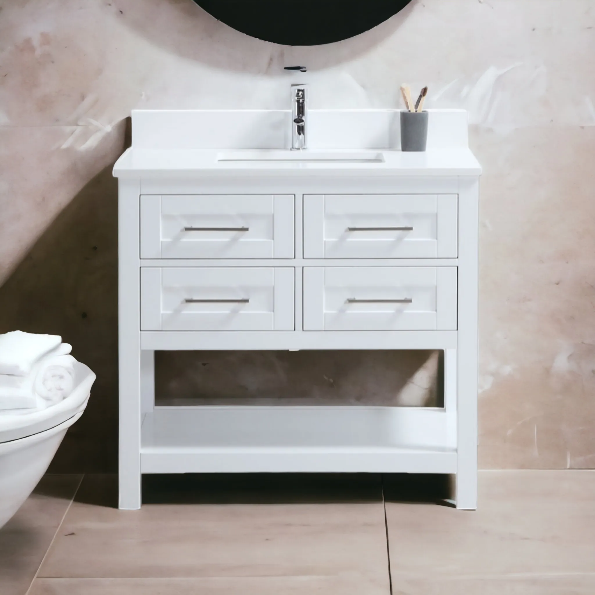 CCS301 - 36" White, Floor Standing Bathroom Vanity, White Quartz Countertop, Brushed Nickel Hardware **PICK UP ONLY ***