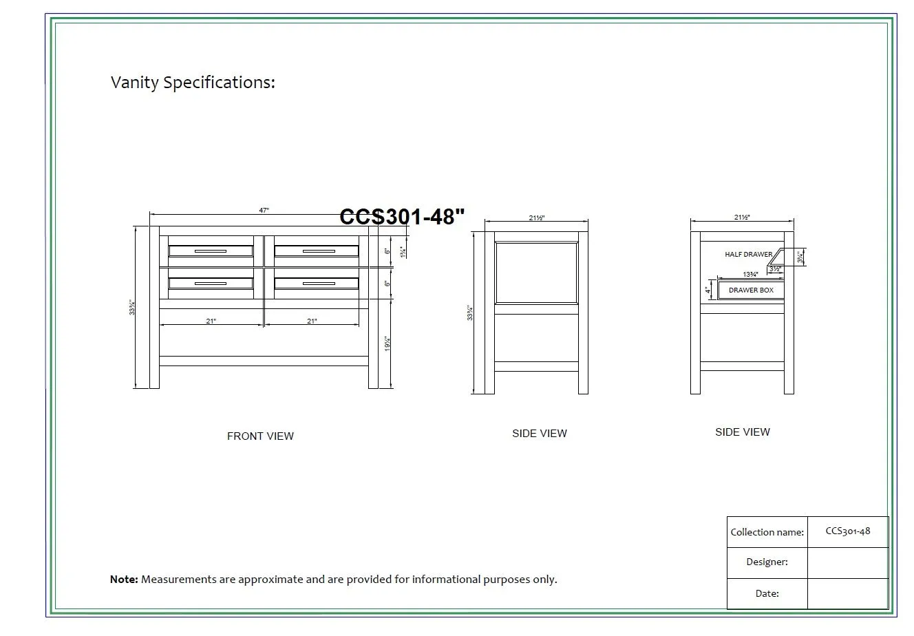 CCS301 - 48" White, Floor Standing Bathroom Vanity, White Quartz Countertop, Brushed Nickel Hardware***PICK UP ONLY ***