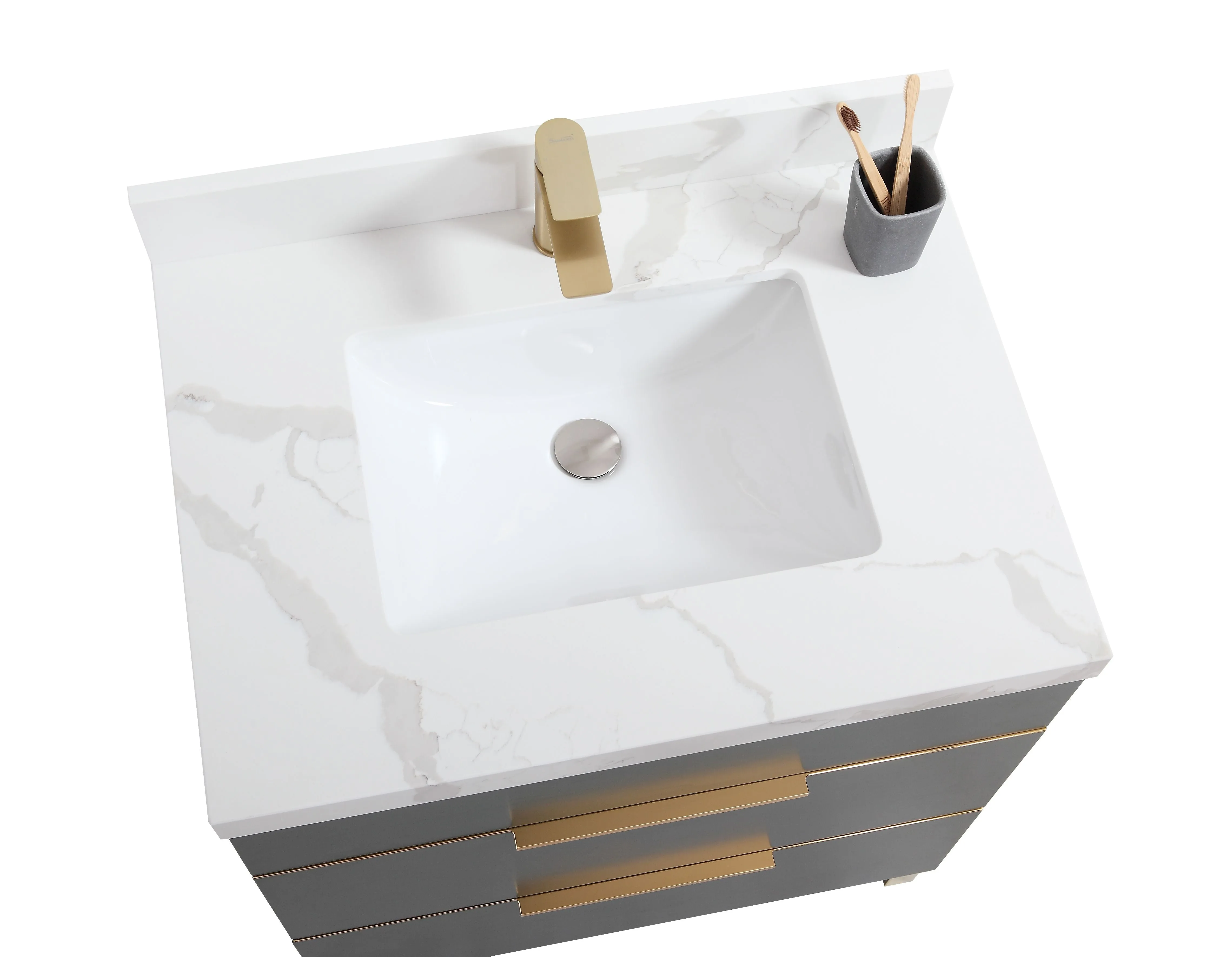 CCS401 - 30" Navy Blue, Floor Standing Modern Bathroom Vanity, Calcatta Quartz Countertop, Brushed Gold Hardware """ CLEARANCE - PICK UP IN STORE ONLY """