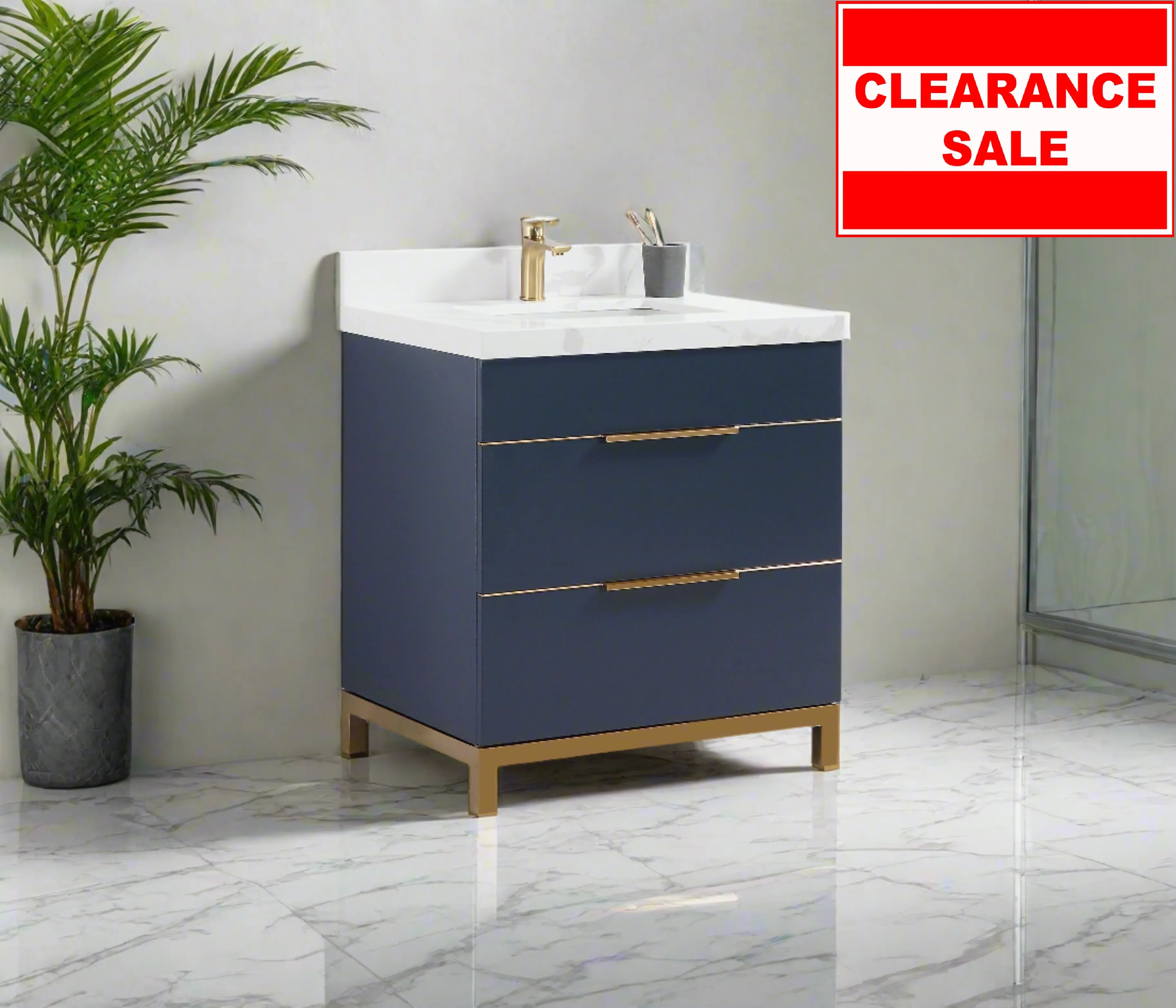 CCS401 - 30" Navy Blue, Floor Standing Modern Bathroom Vanity, Calcatta Quartz Countertop, Brushed Gold Hardware """ CLEARANCE - PICK UP IN STORE ONLY """