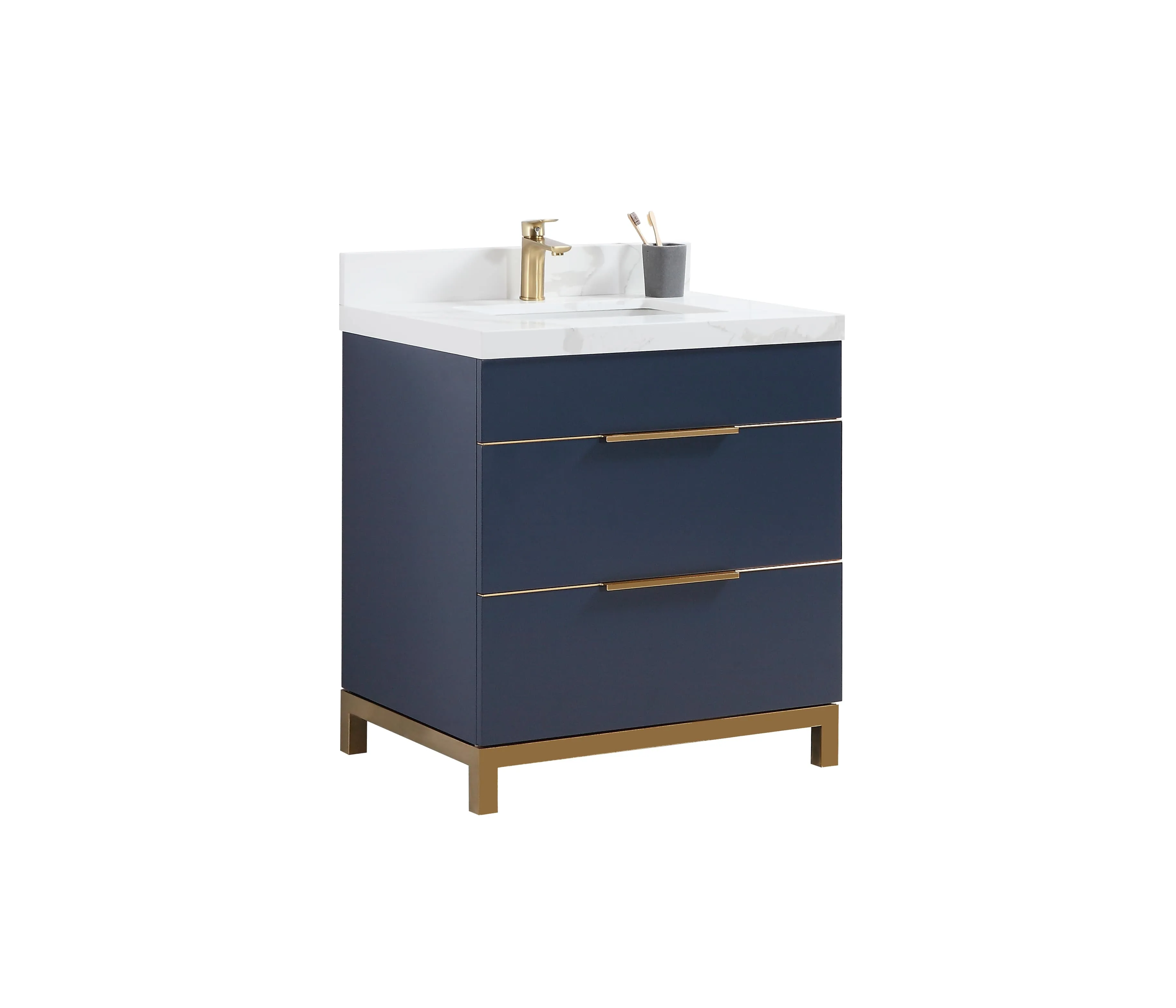 CCS401 - 30" Navy Blue, Floor Standing Modern Bathroom Vanity, Calcatta Quartz Countertop, Brushed Gold Hardware """ CLEARANCE - PICK UP IN STORE ONLY """