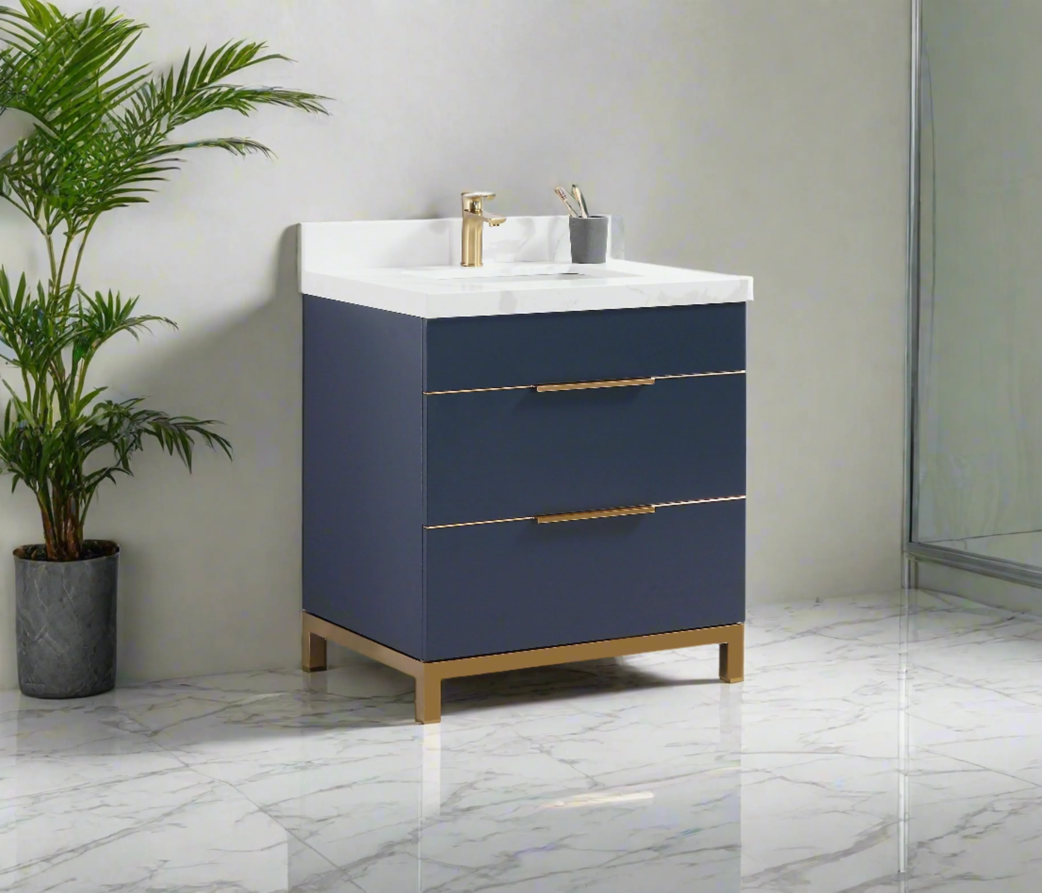 CCS401 - 30" Navy Blue, Floor Standing Modern Bathroom Vanity, Calcatta Quartz Countertop, Brushed Gold Hardware """ CLEARANCE - PICK UP IN STORE ONLY """