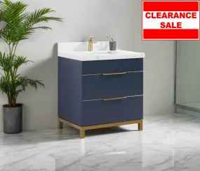 CCS401 - 30" Navy Blue, Floor Standing Modern Bathroom Vanity, Calcatta Quartz Countertop, Brushed Gold Hardware """ CLEARANCE - PICK UP IN STORE ONLY """