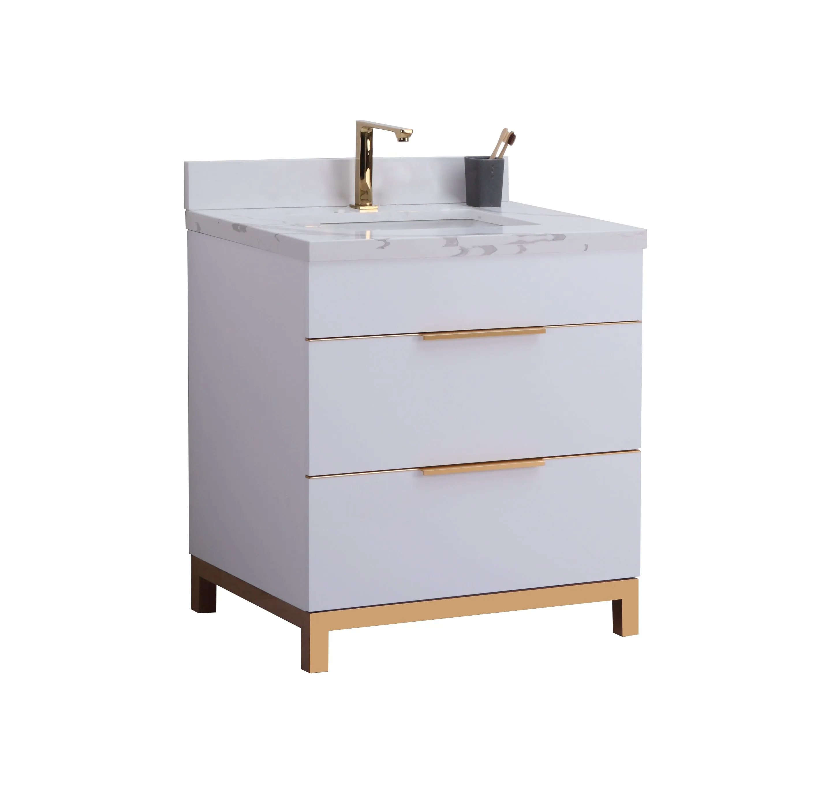 CCS401 - 30" WHITE, Floor Standing Modern Bathroom Vanity, Calcatta Quartz Countertop, Brushed Bronze Hardware """ CLEARANCE- PICK UP IN STORE ONLY """
