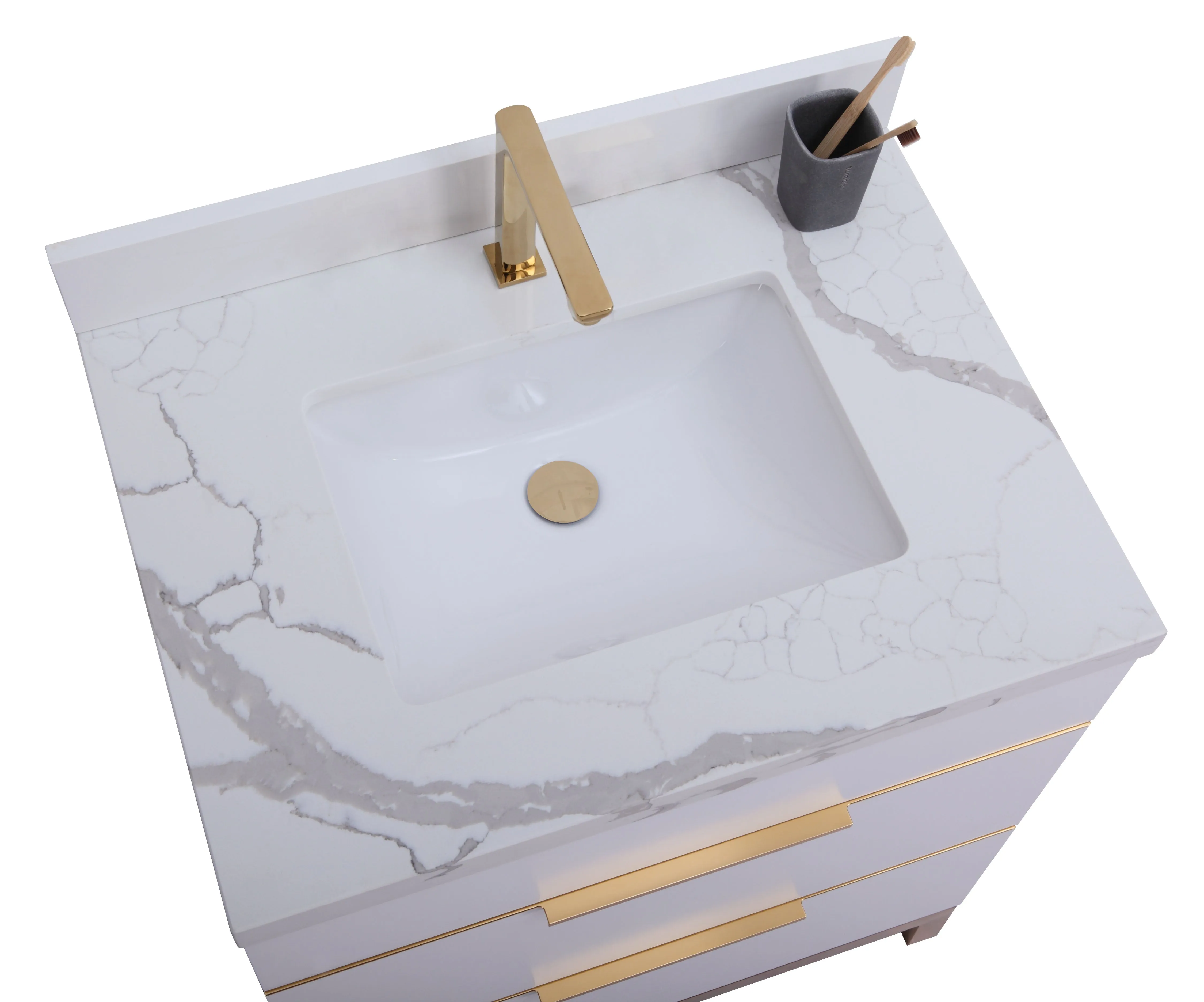 CCS401 - 30" WHITE, Floor Standing Modern Bathroom Vanity, Calcatta Quartz Countertop, Brushed Bronze Hardware """ CLEARANCE- PICK UP IN STORE ONLY """