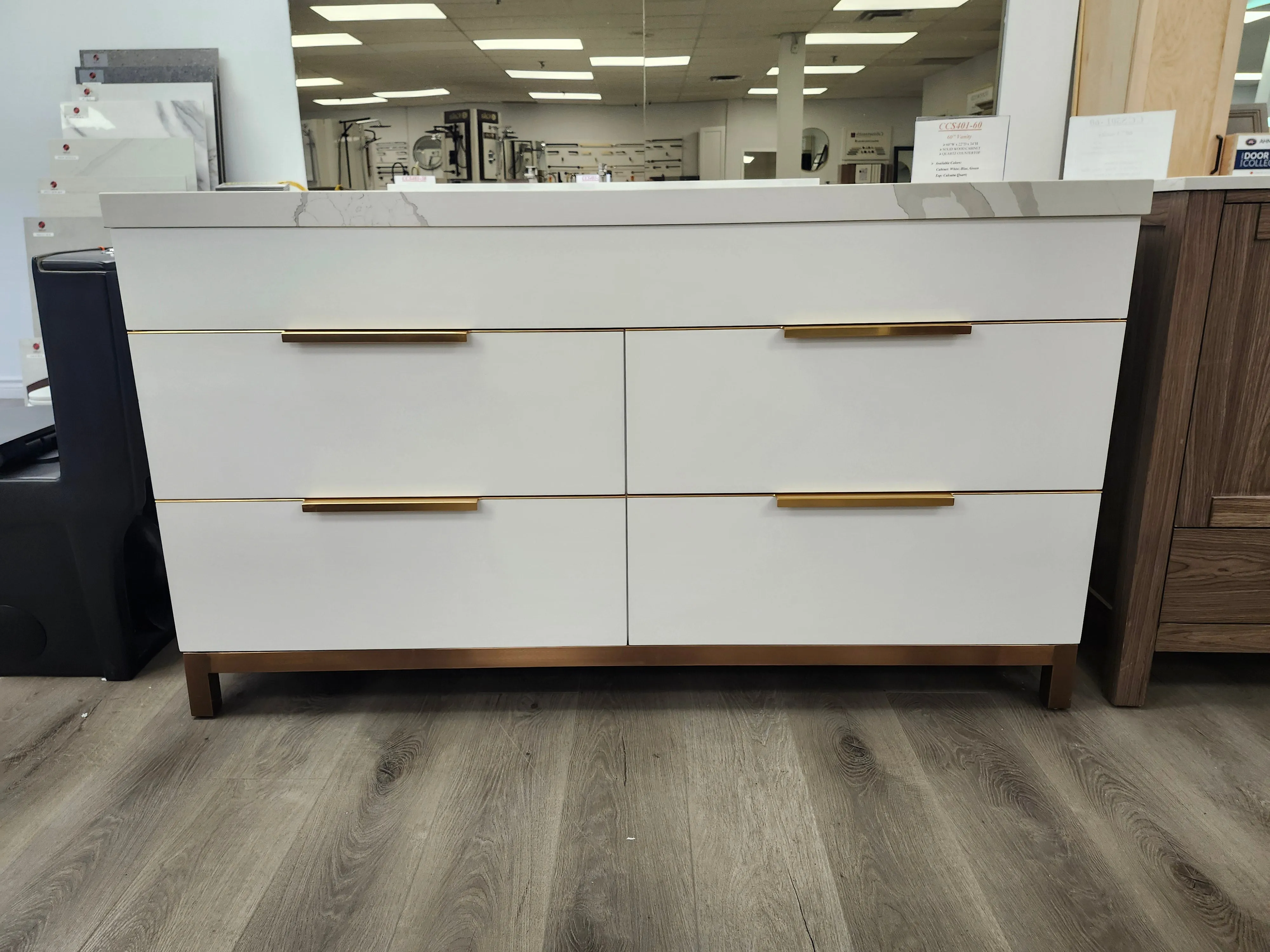 CCS401 - 60" White, Double Sink,Floor Standing Modern Bathroom Vanity, Calcatta Quartz Countertop, Brushed Bronze Hardware "" FLOOR MODEL ""